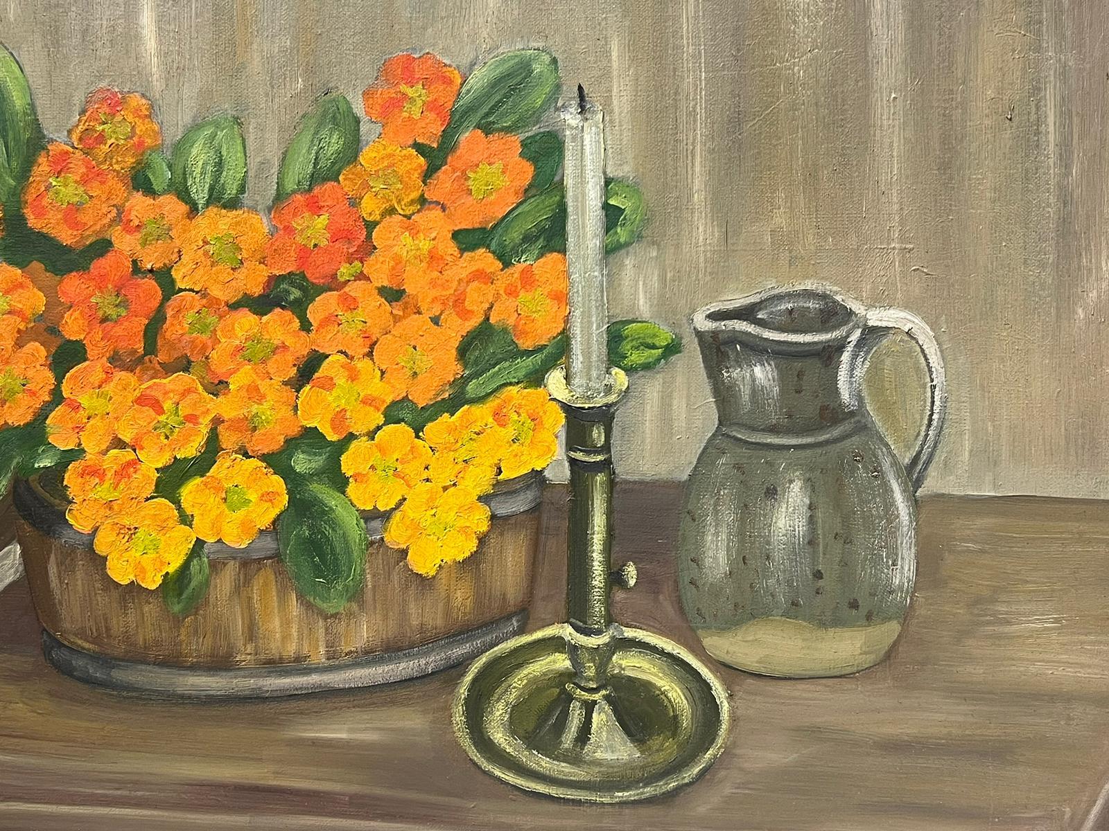 Mid 20th Century French Oil Painting Orange Pansies & Candle Table Interior  For Sale 3