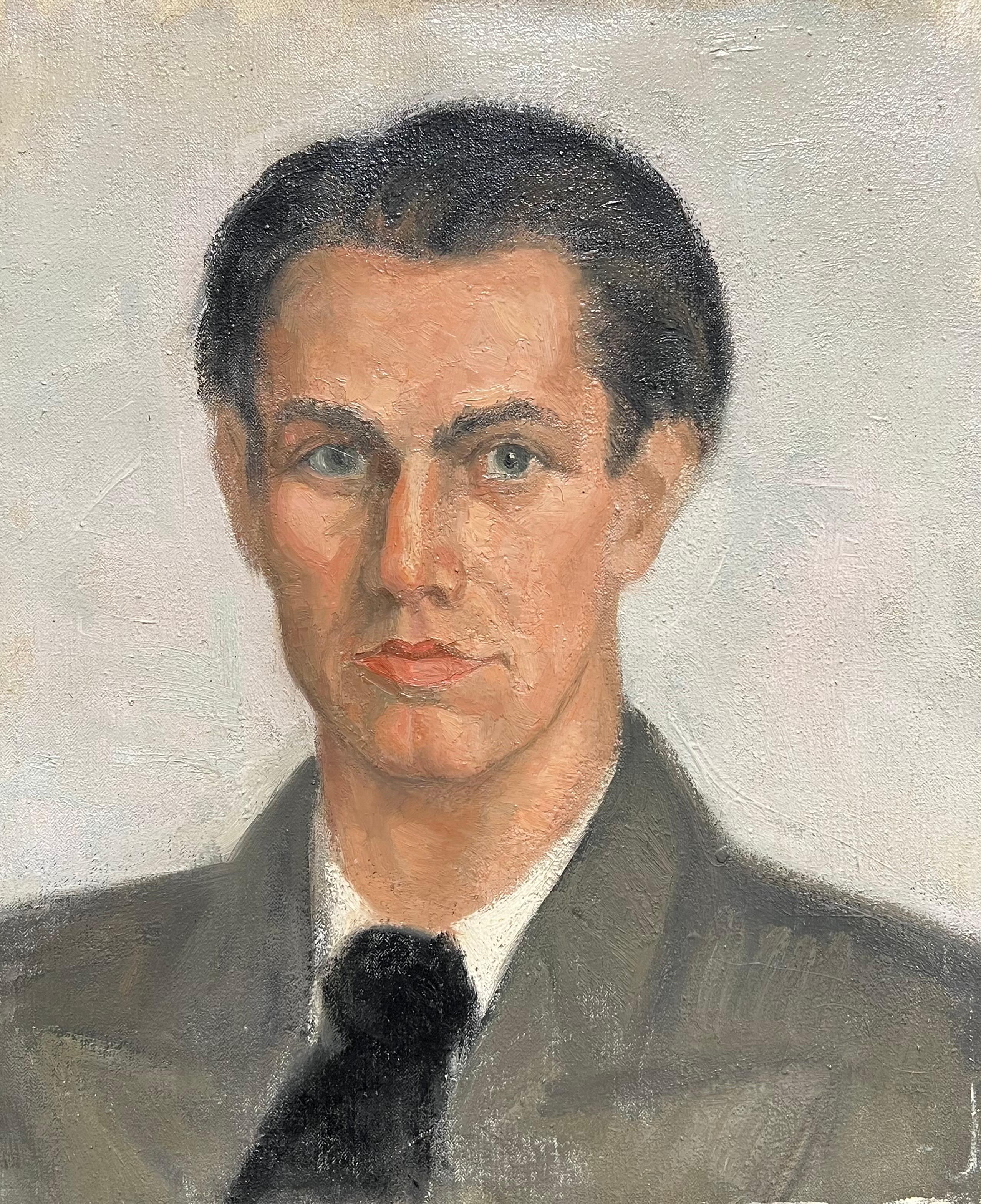 Mid-20th Century French Oil Painting Portrait of a Man in Suit & Tie - Brown Figurative Painting by French School