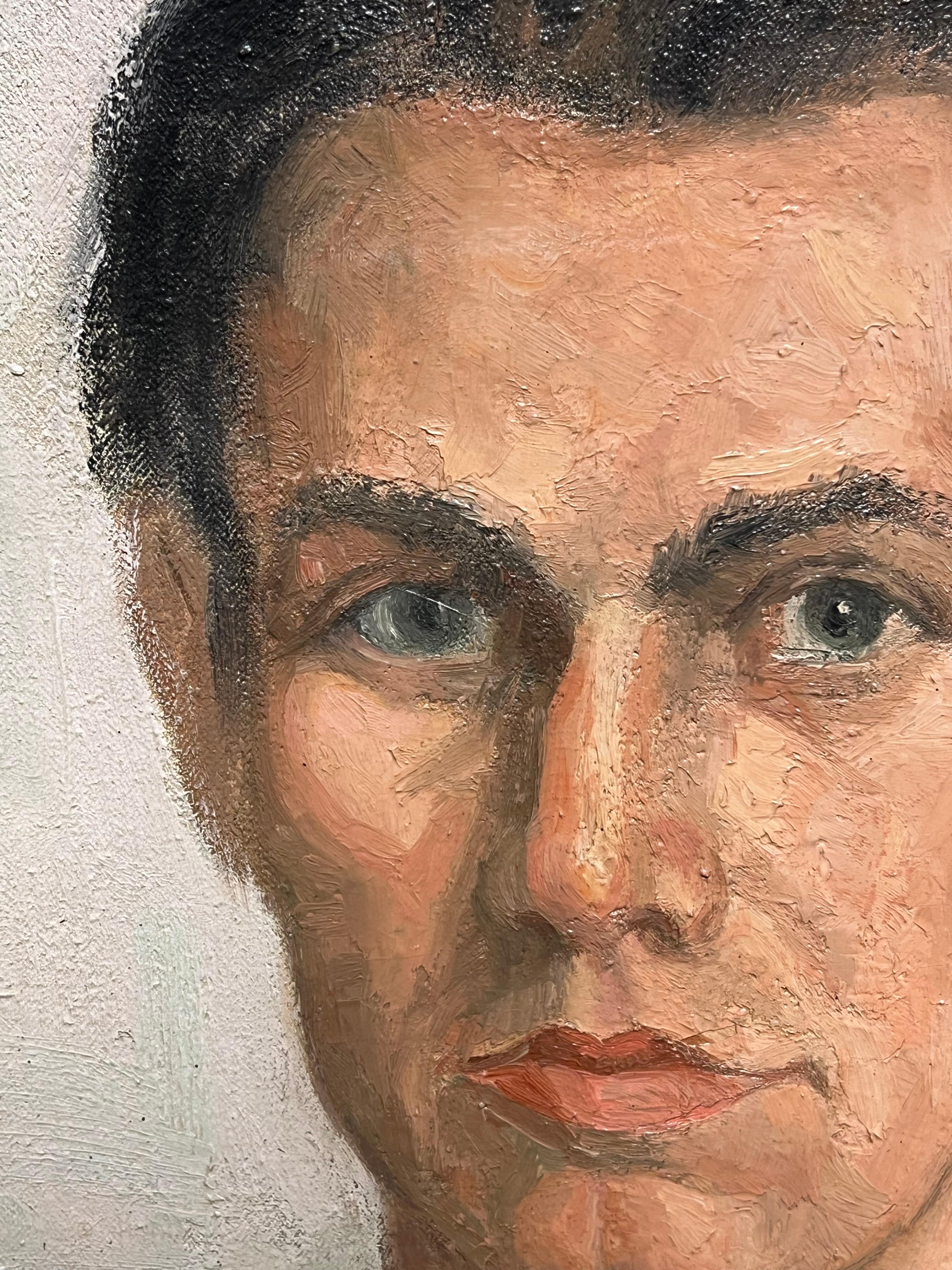 Mid-20th Century French Oil Painting Portrait of a Man in Suit & Tie For Sale 2