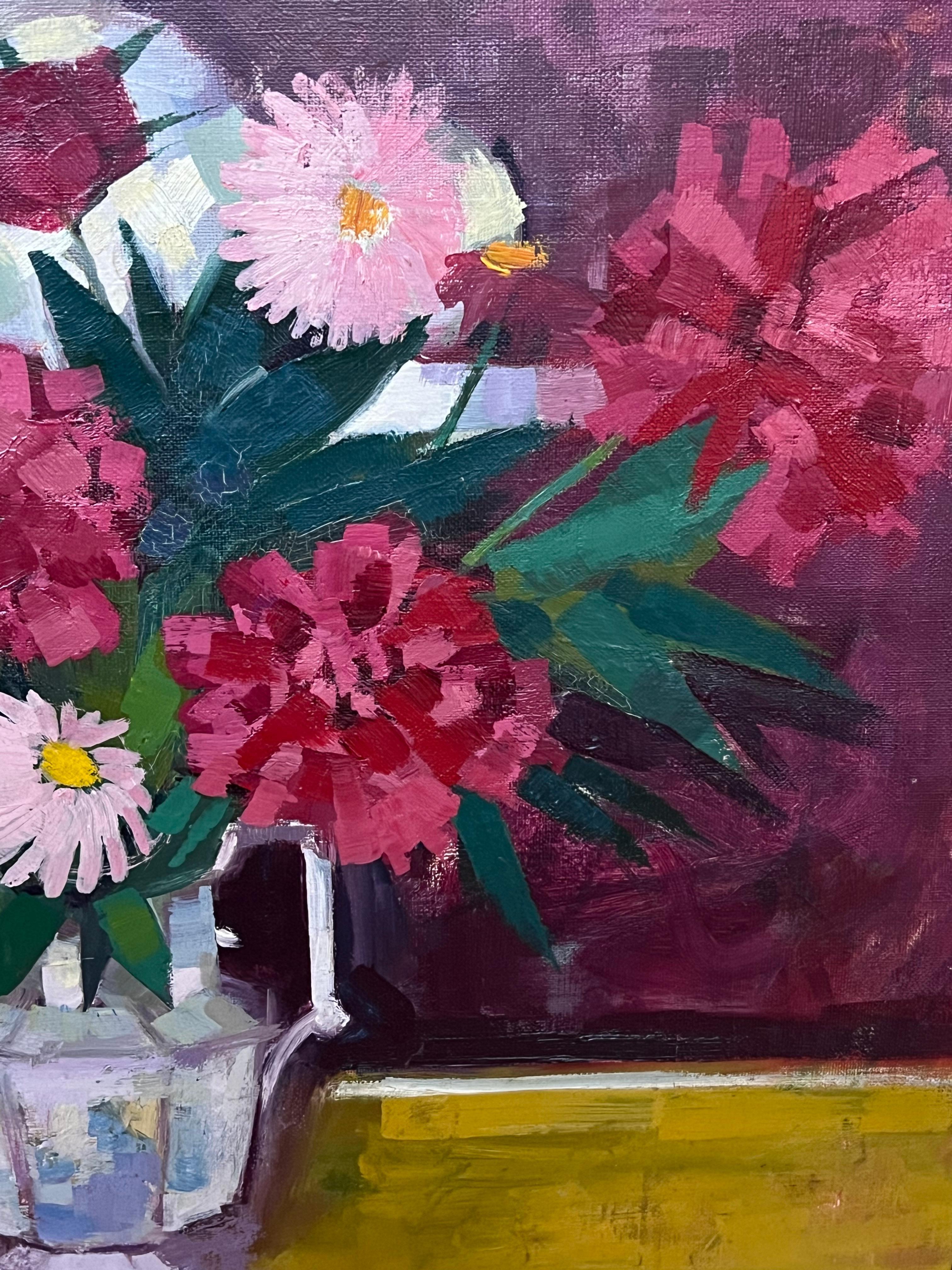 Mid 20th Century French Oil Painting Still Life Flowers in Interior Room - Brown Still-Life Painting by French School