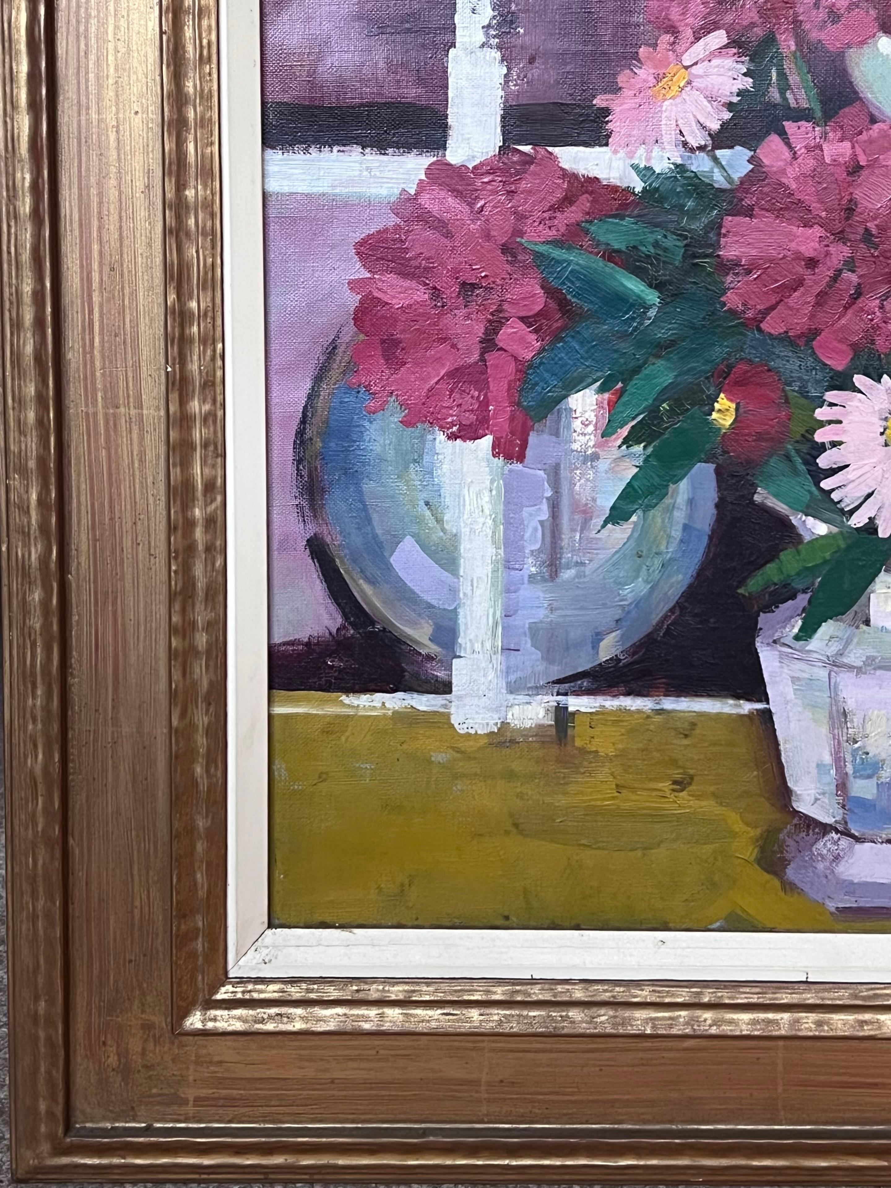 Mid 20th Century French Oil Painting Still Life Flowers in Interior Room For Sale 3