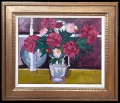 Peinture à l'huile française du milieu du 20e siècle, natures mortes et fleurs dans une pièce d'intérieur