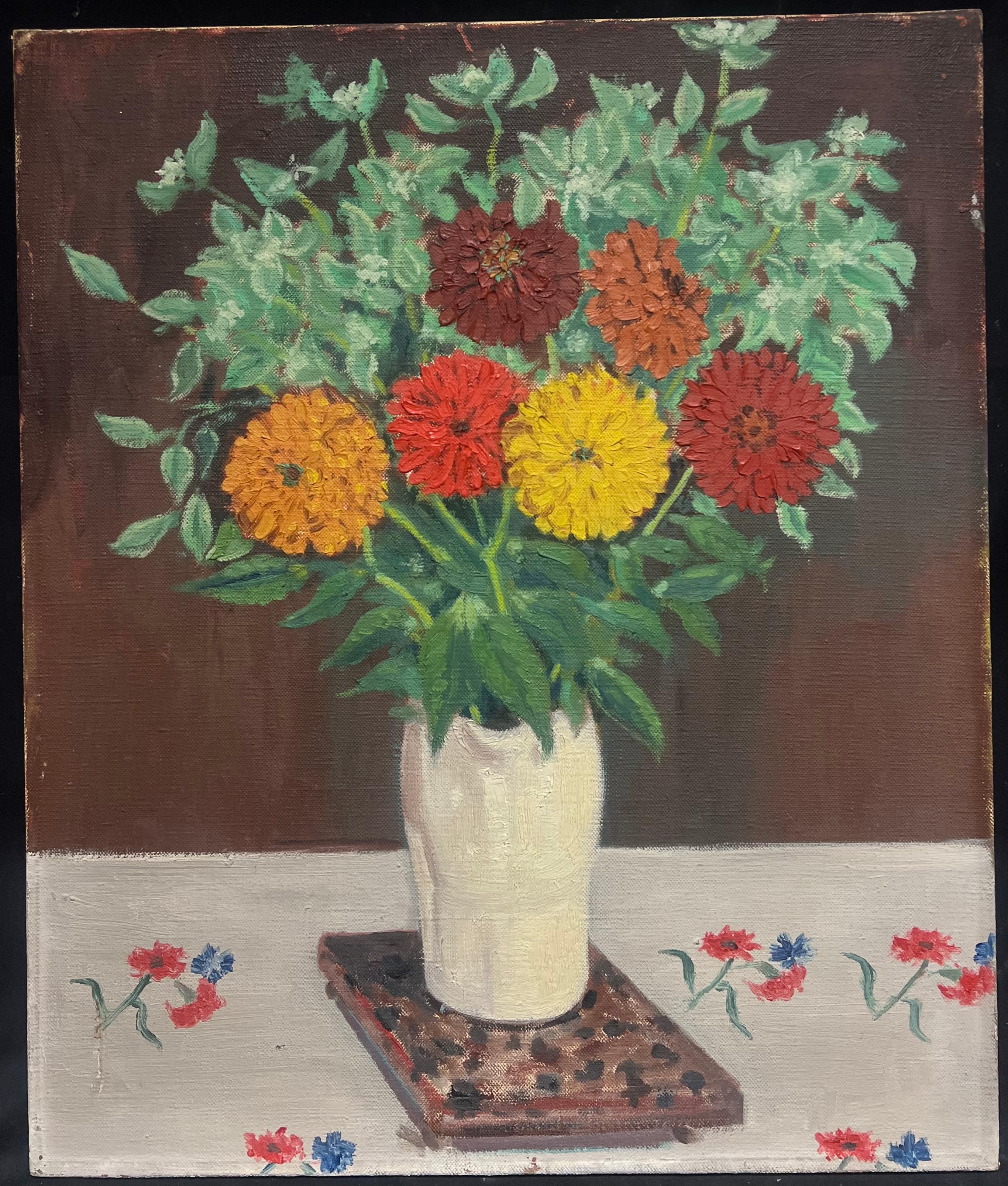 Pintura al óleo francesa de mediados del siglo XX Bodegón de flores en habitación interior - Painting de French School