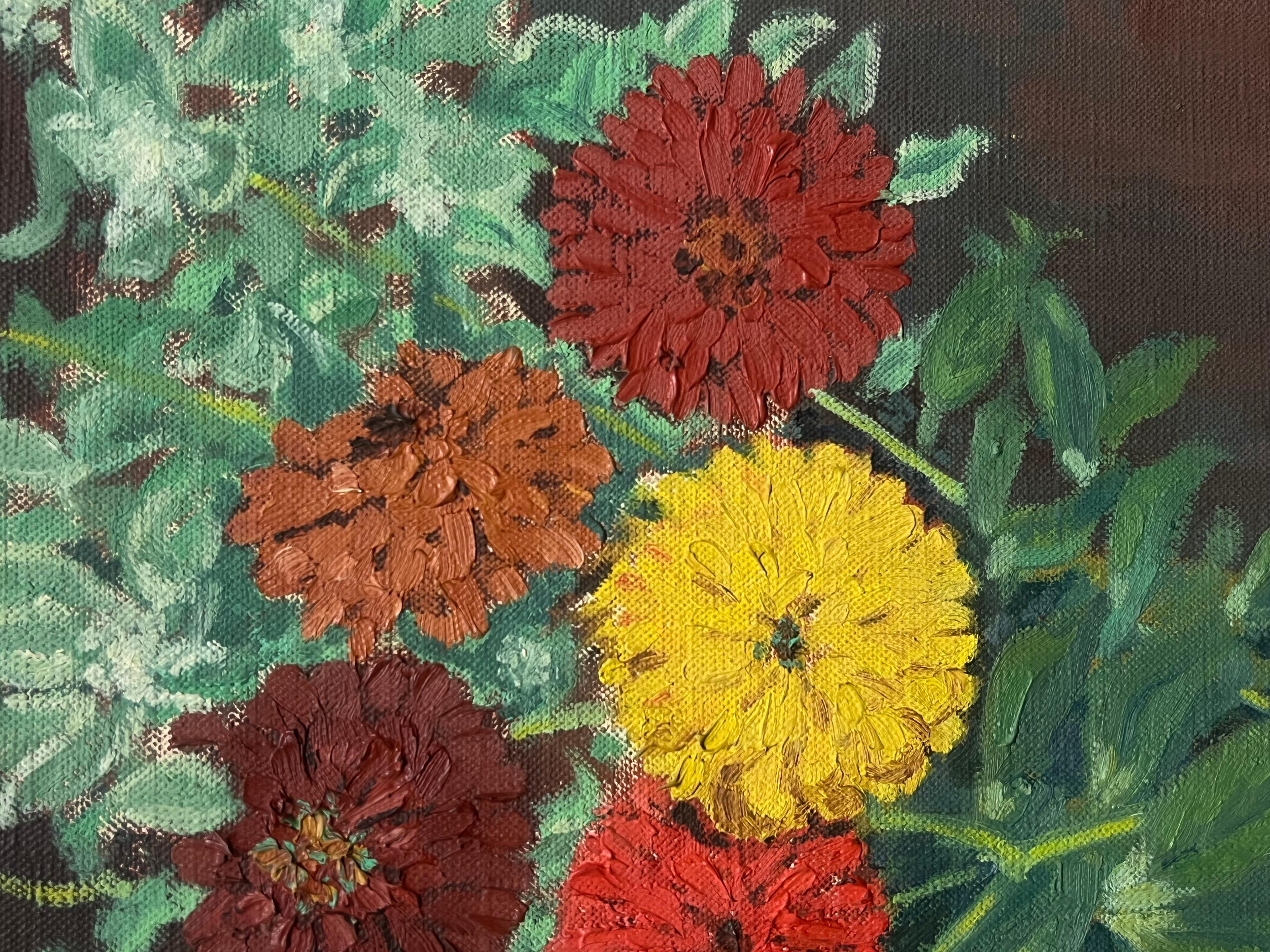 Pintura al óleo francesa de mediados del siglo XX Bodegón de flores en habitación interior - Painting Posimpresionista de French School