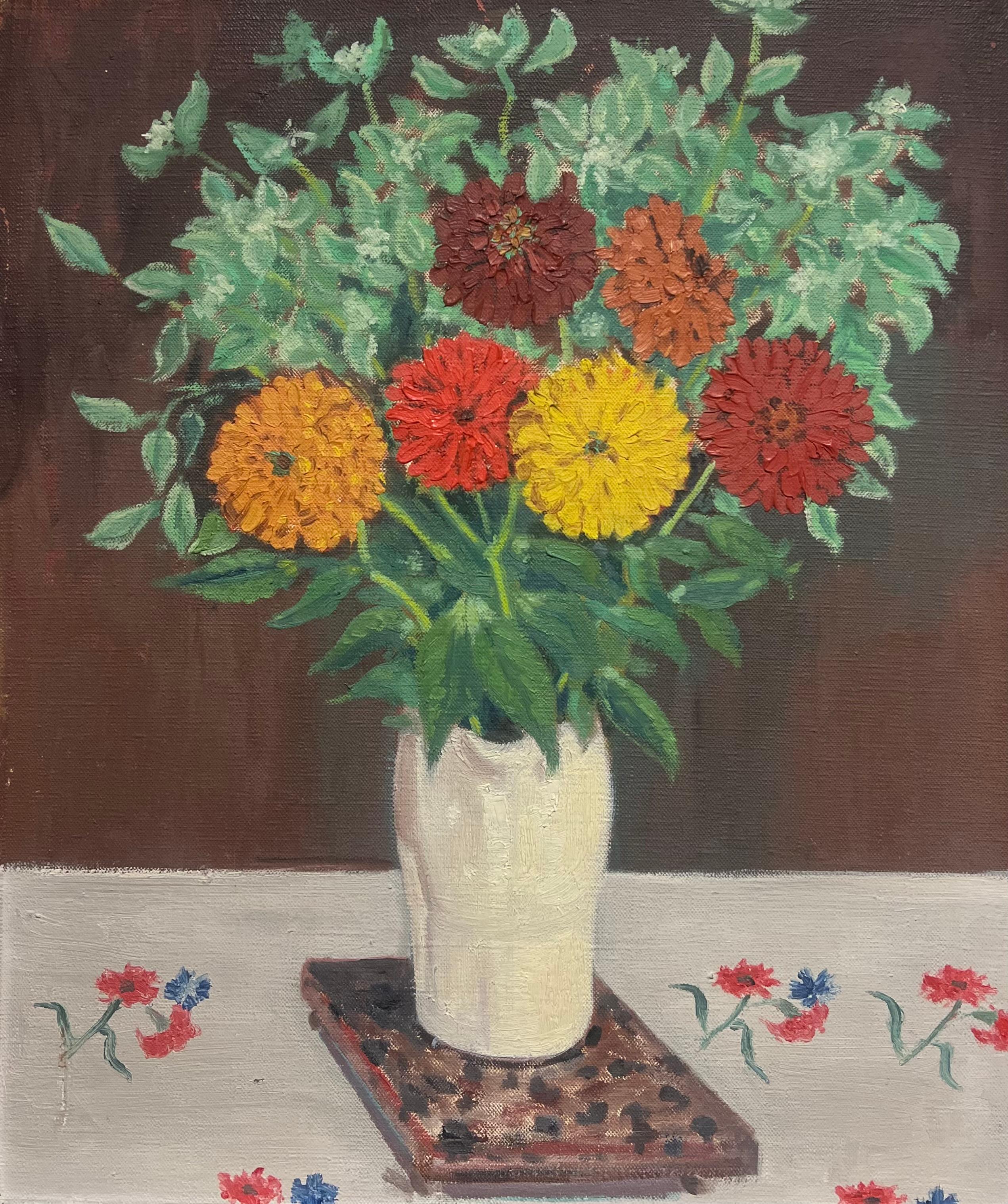 Pintura al óleo francesa de mediados del siglo XX Bodegón de flores en habitación interior - Interior Painting Gris de French School