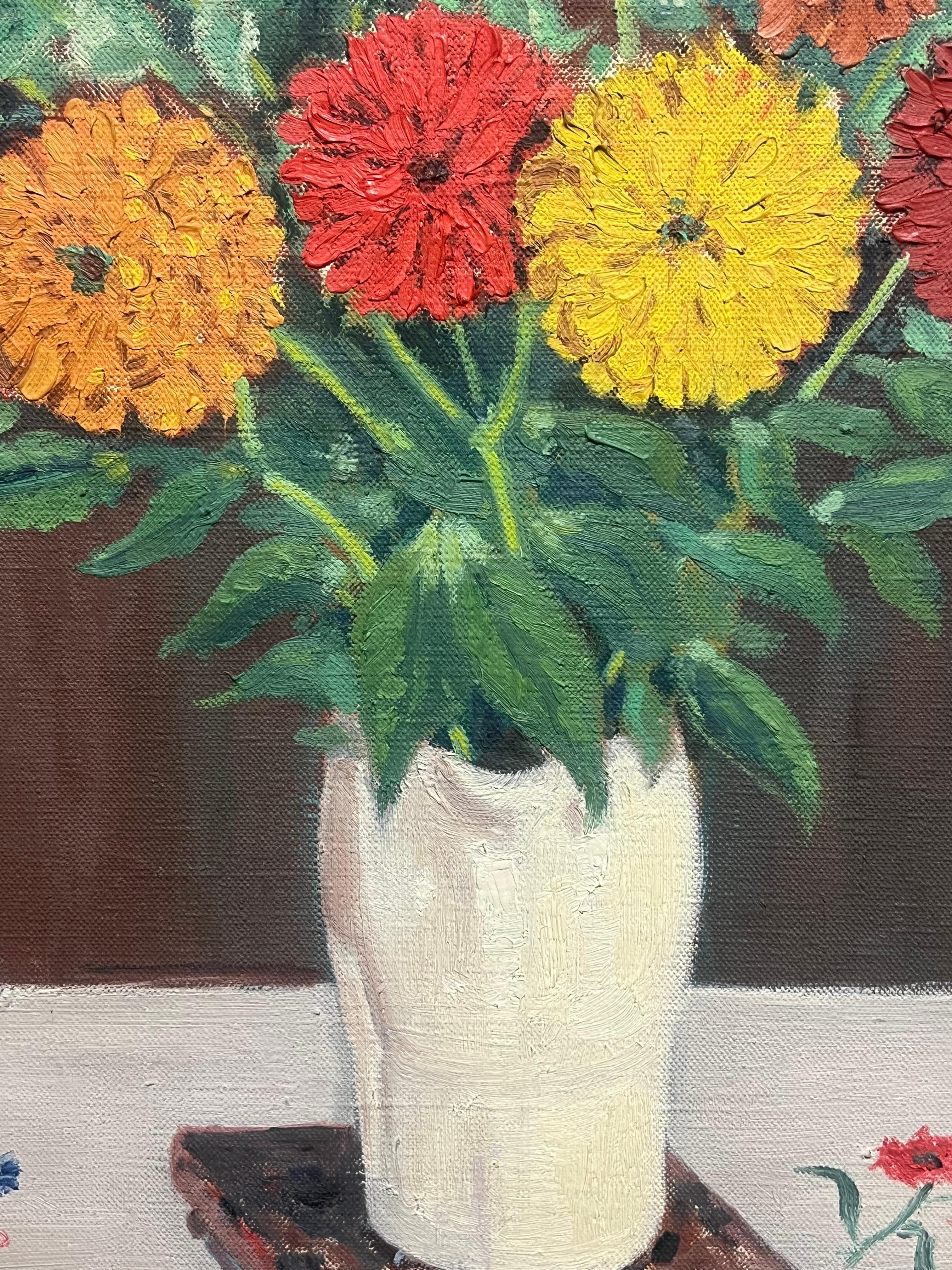 Pintura al óleo francesa de mediados del siglo XX Bodegón de flores en habitación interior en venta 2
