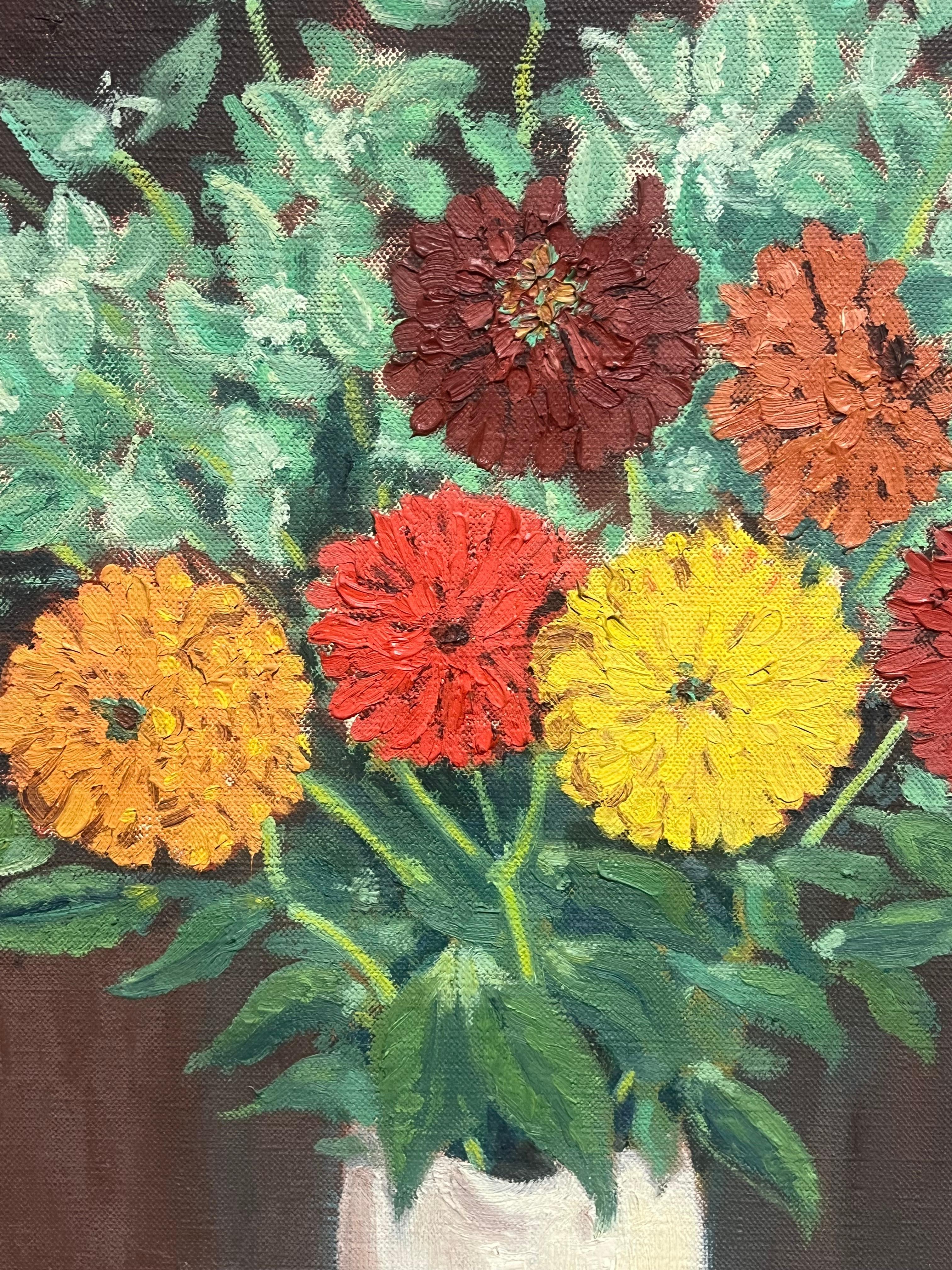 Pintura al óleo francesa de mediados del siglo XX Bodegón de flores en habitación interior en venta 3