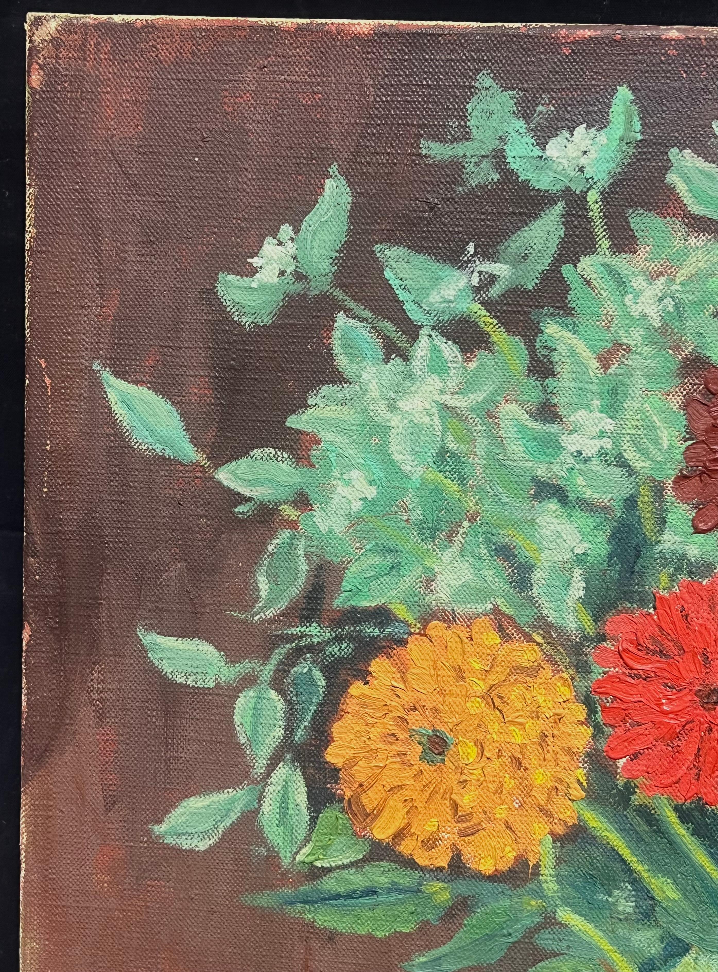 Pintura al óleo francesa de mediados del siglo XX Bodegón de flores en habitación interior en venta 4