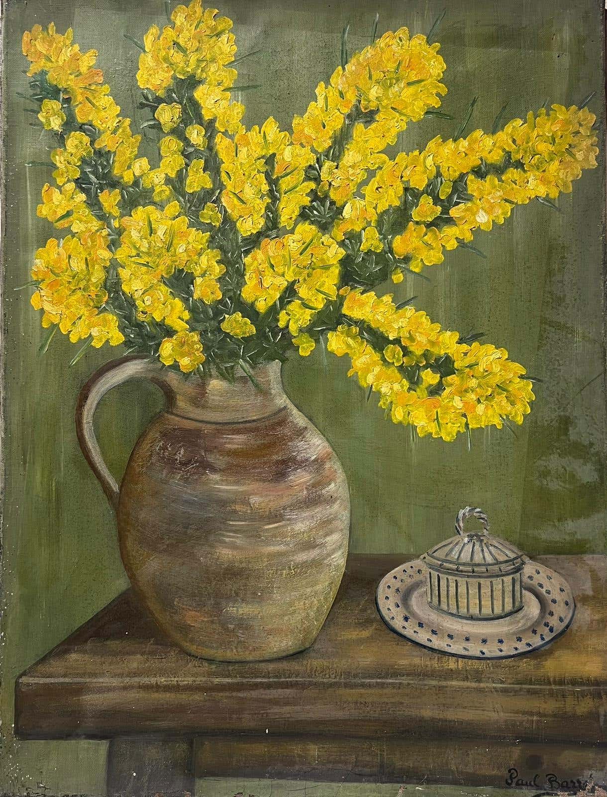 Mid 20th Century French Oil Painting Yellow Forsythia Stem Flower Still Life