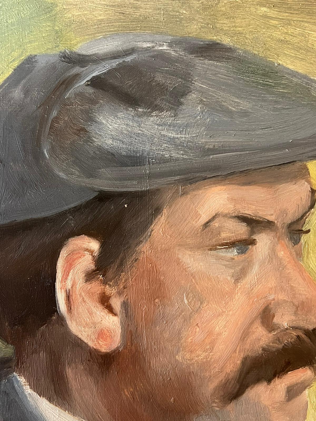 Pintura francesa de mediados del siglo XX Retrato de hombre con bigote y gorra plana - Painting de French School