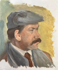 Mid 20th Century French Painting Portrait of Man with Moustache in Flat Cap
