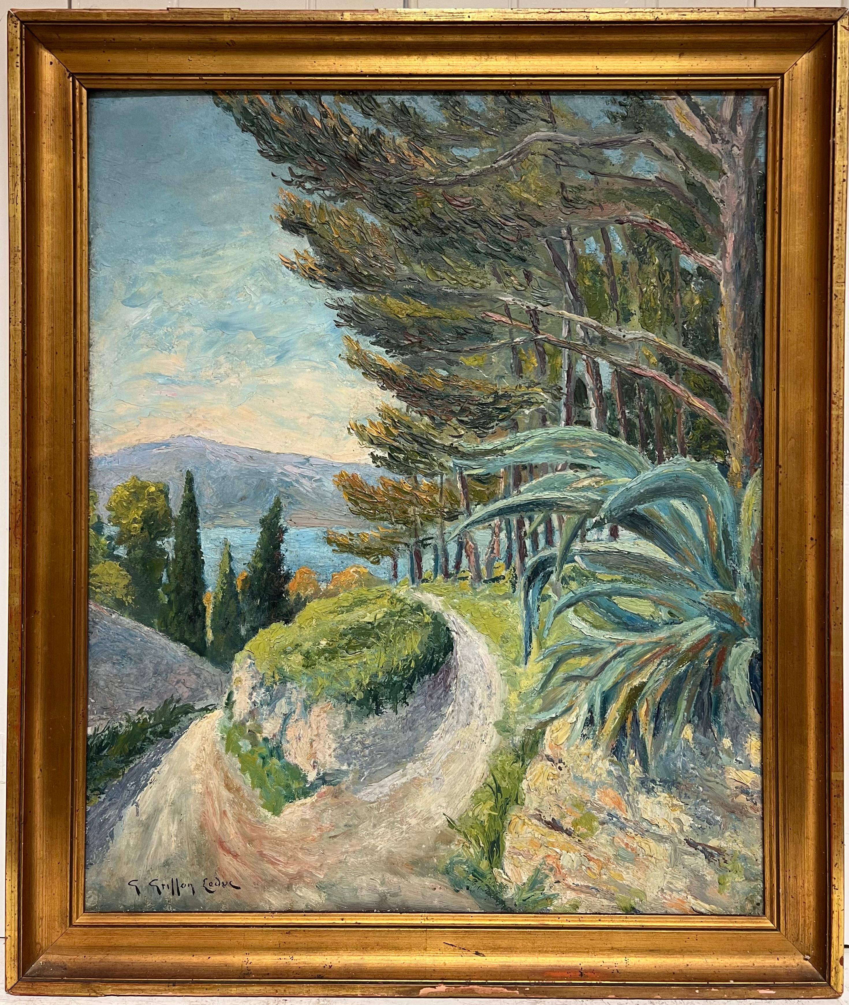 Paesaggio post-impressionista francese della metà del 20° secolo Alberi di pino Sentiero costiero - Painting di French School