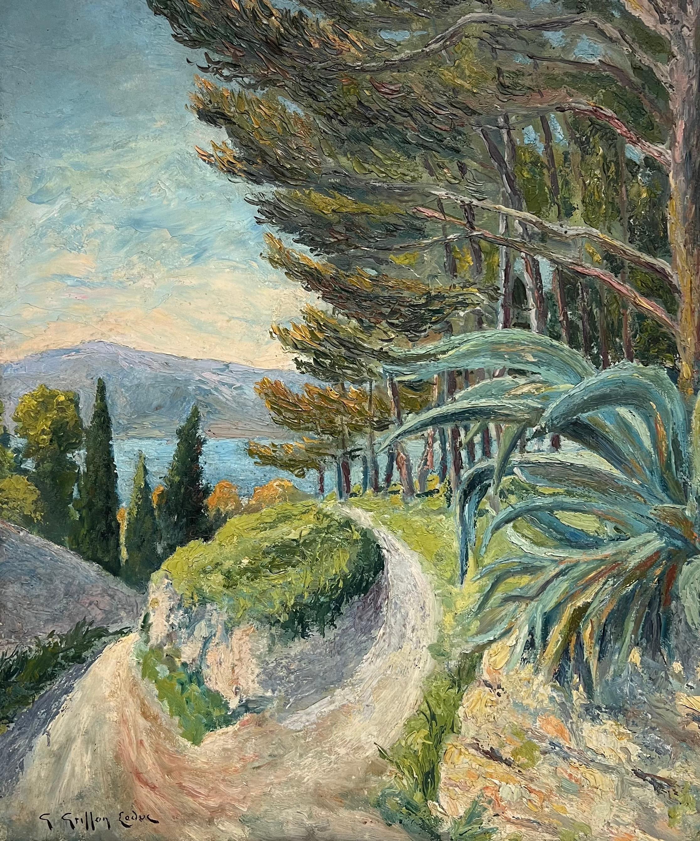 Paesaggio post-impressionista francese della metà del 20° secolo Alberi di pino Sentiero costiero - Painting Postimpressionismo di French School