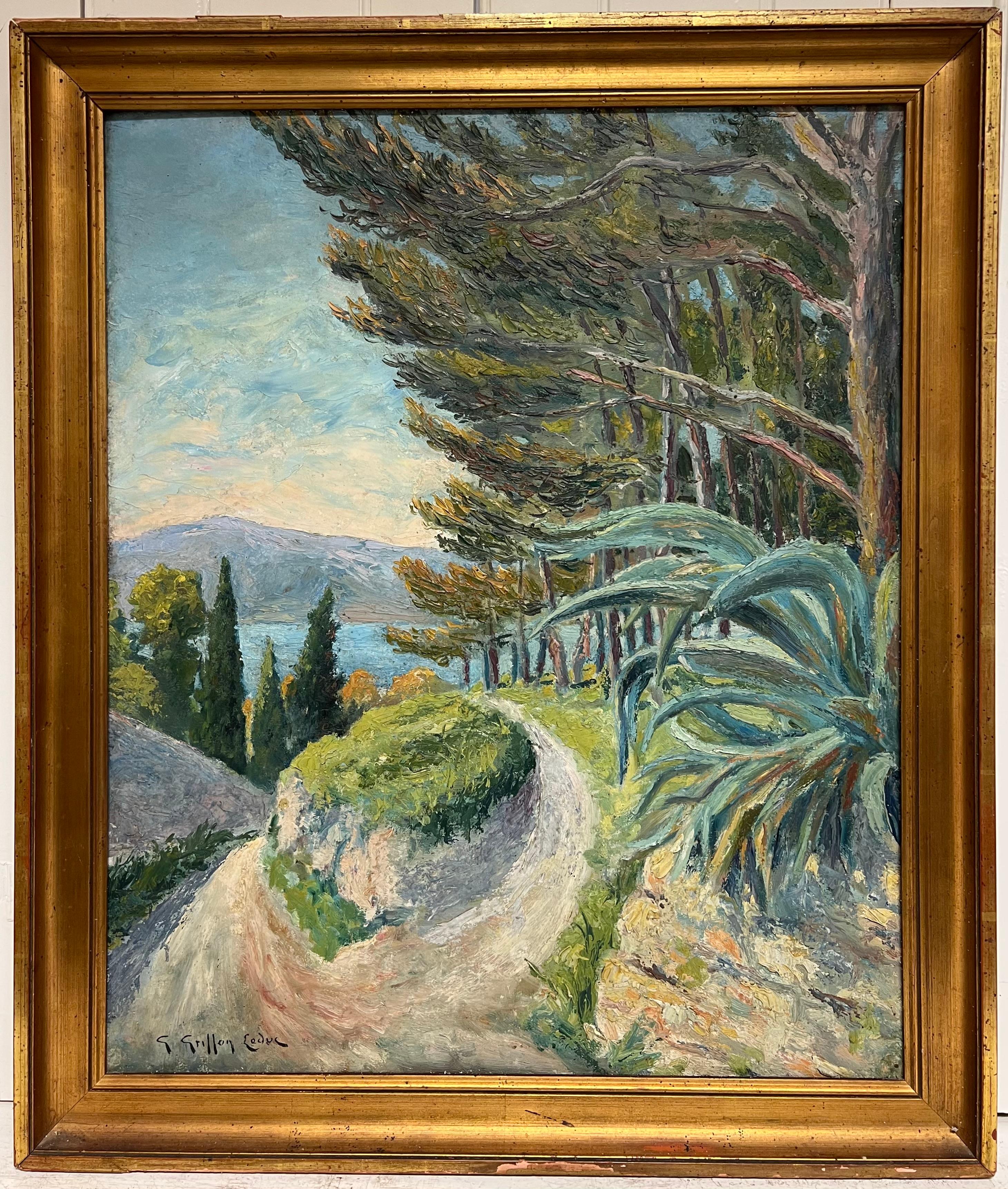 Paesaggio post-impressionista francese della metà del 20° secolo Alberi di pino Sentiero costiero - Landscape Painting Grigio di French School