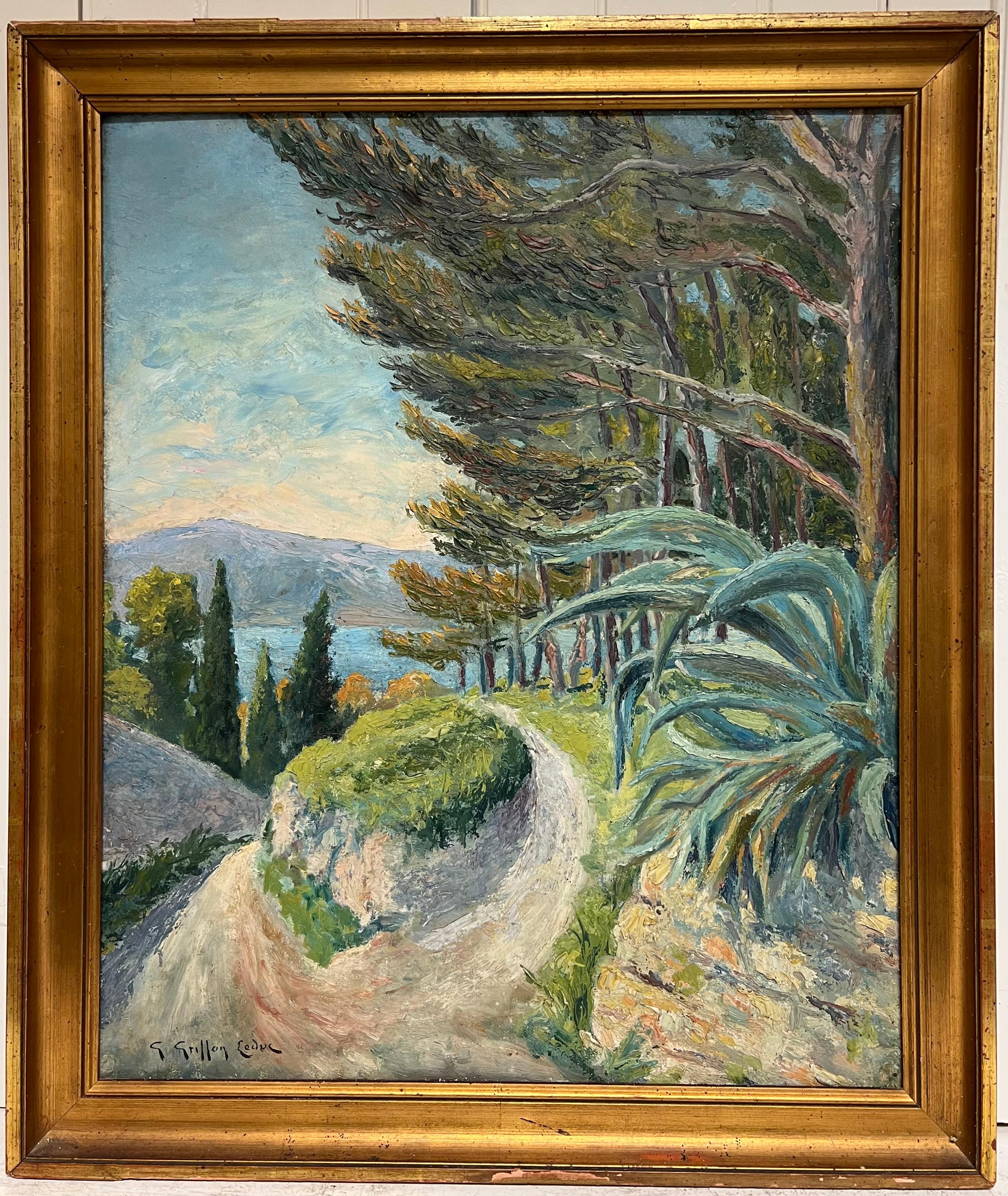 Paesaggio mediterraneo 
di G. Grillon-Leduc, French mid 20th century
olio su tavola firmato, incorniciato
incorniciato: 29 x 24,5 pollici
tavola: 26 x 21 pollici
Provenienza: collezione privata, Francia
Condit: ottime condizioni, telaio originale.