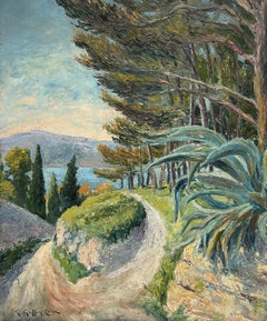 Mediados del siglo XX Paisaje postimpresionista francés Pinos Sendero costero