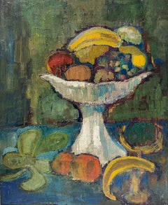 Olio post impressionista della metà del XX secolo Frutta in una ciotola Firmato originale
