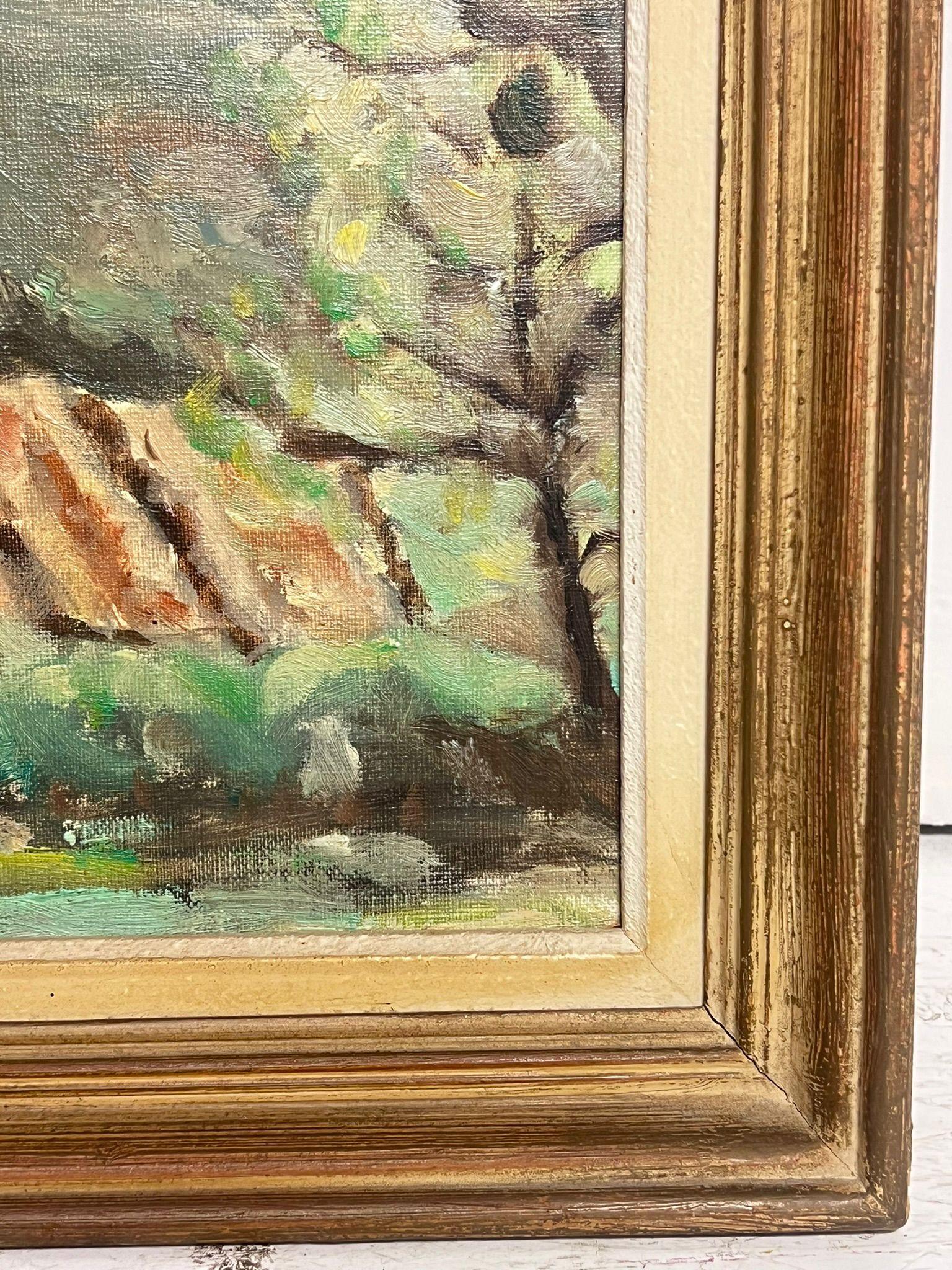 Mid 20th Century French Post-Impressionist Oil Sludgy Green Provence Landscape - Brown Landscape Painting by French School