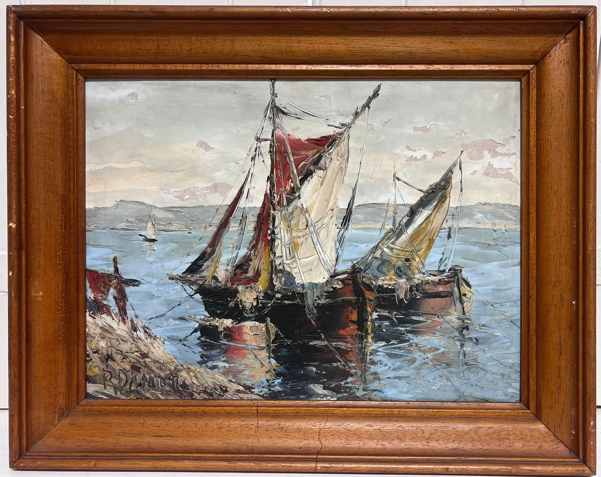 Mid 20th Century French Post-Impressionist Signed Oil Boats South France Coast - Painting by French School