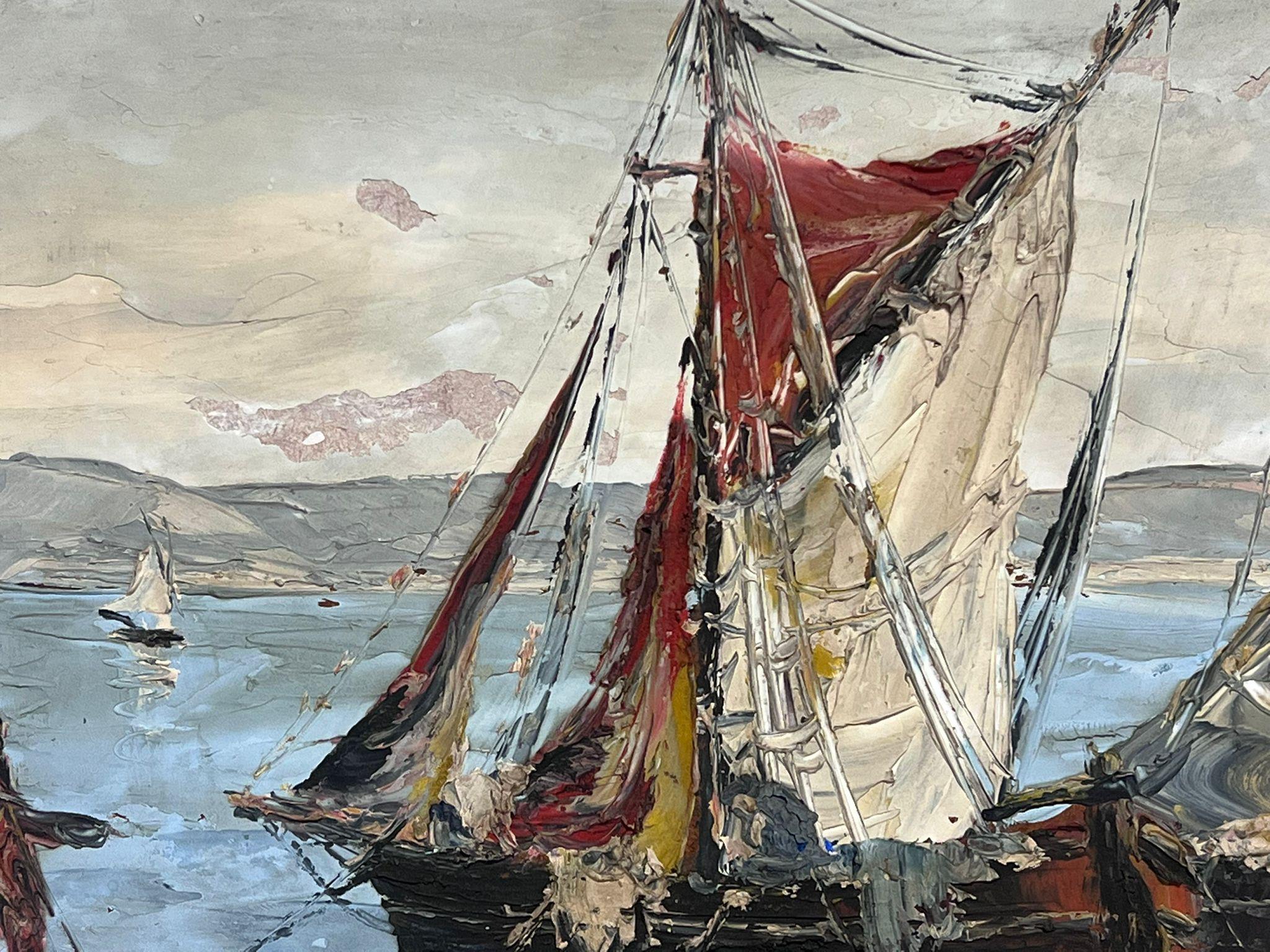 Mid 20th Century French Post-Impressionist Signed Oil Boats South France Coast 1