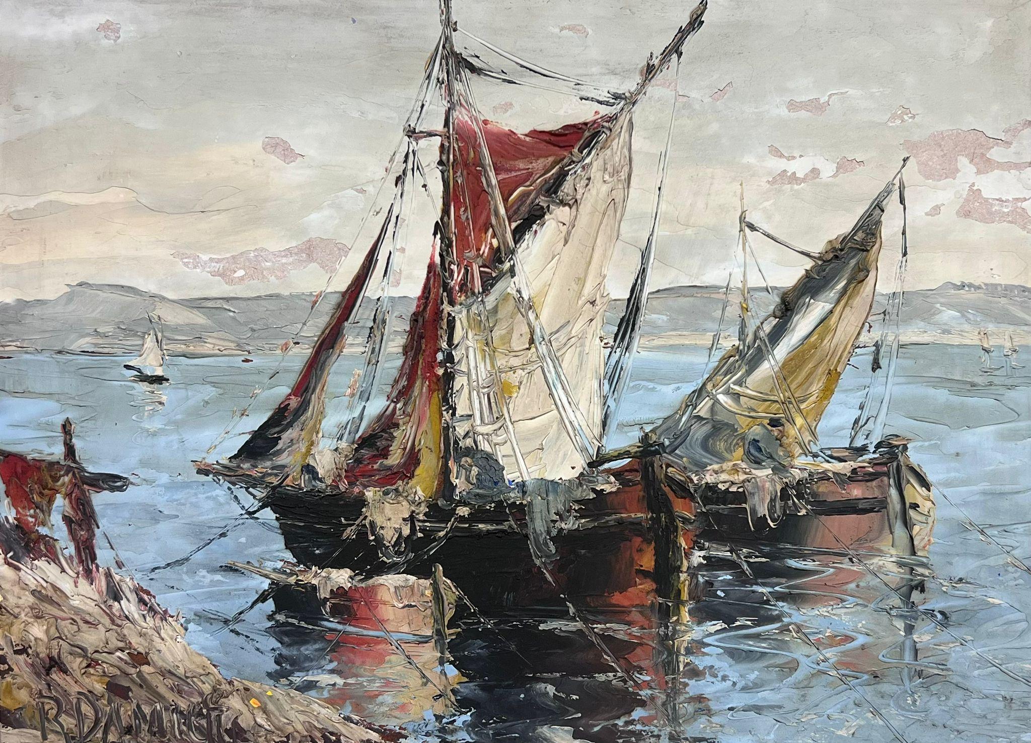 Mid 20th Century French Post-Impressionist Signed Oil Boats South France Coast 2