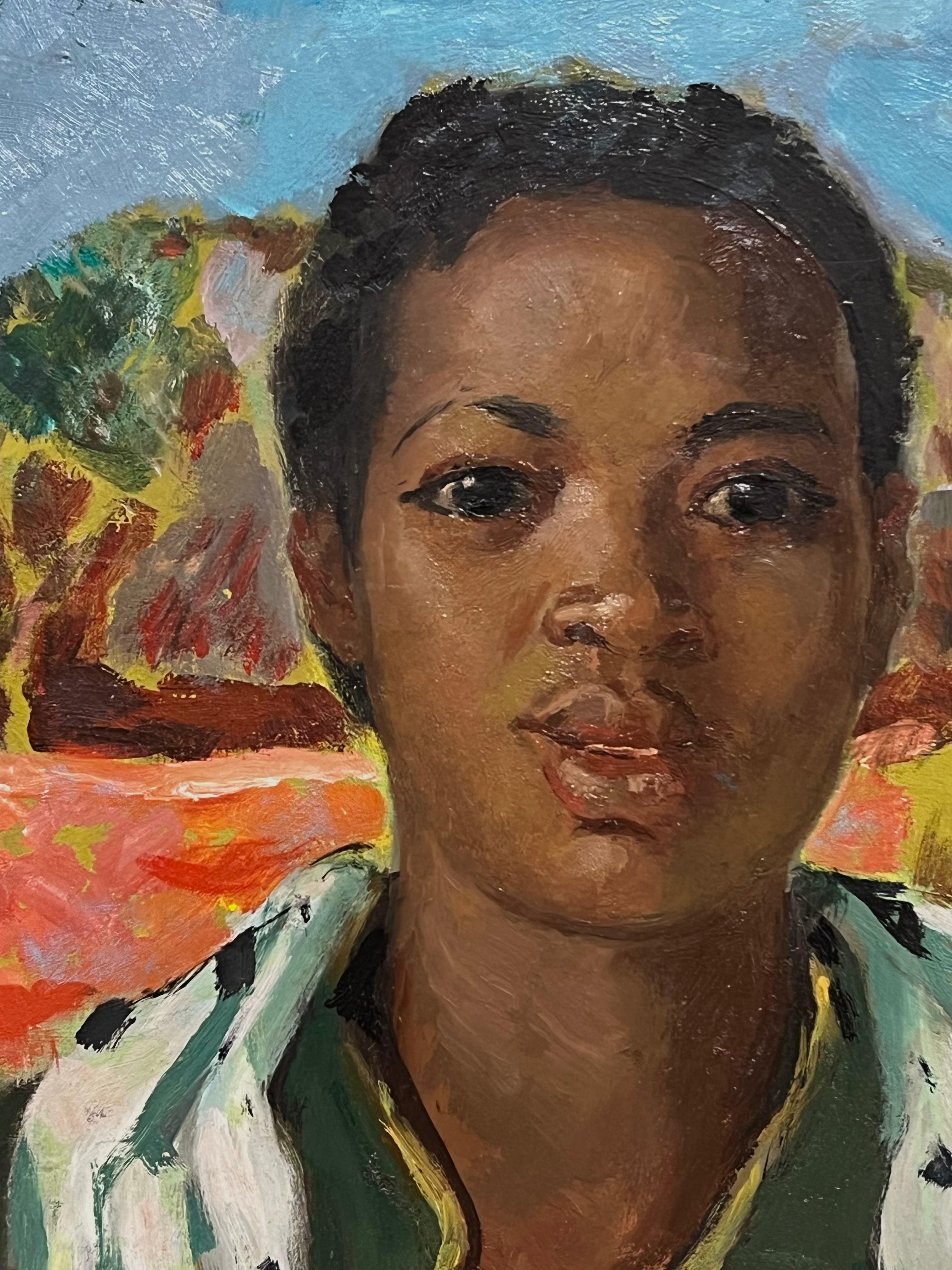 Ritratto di donna a olio firmato della metà del XX secolo in Francia - Figurative Painting Marrone di French School