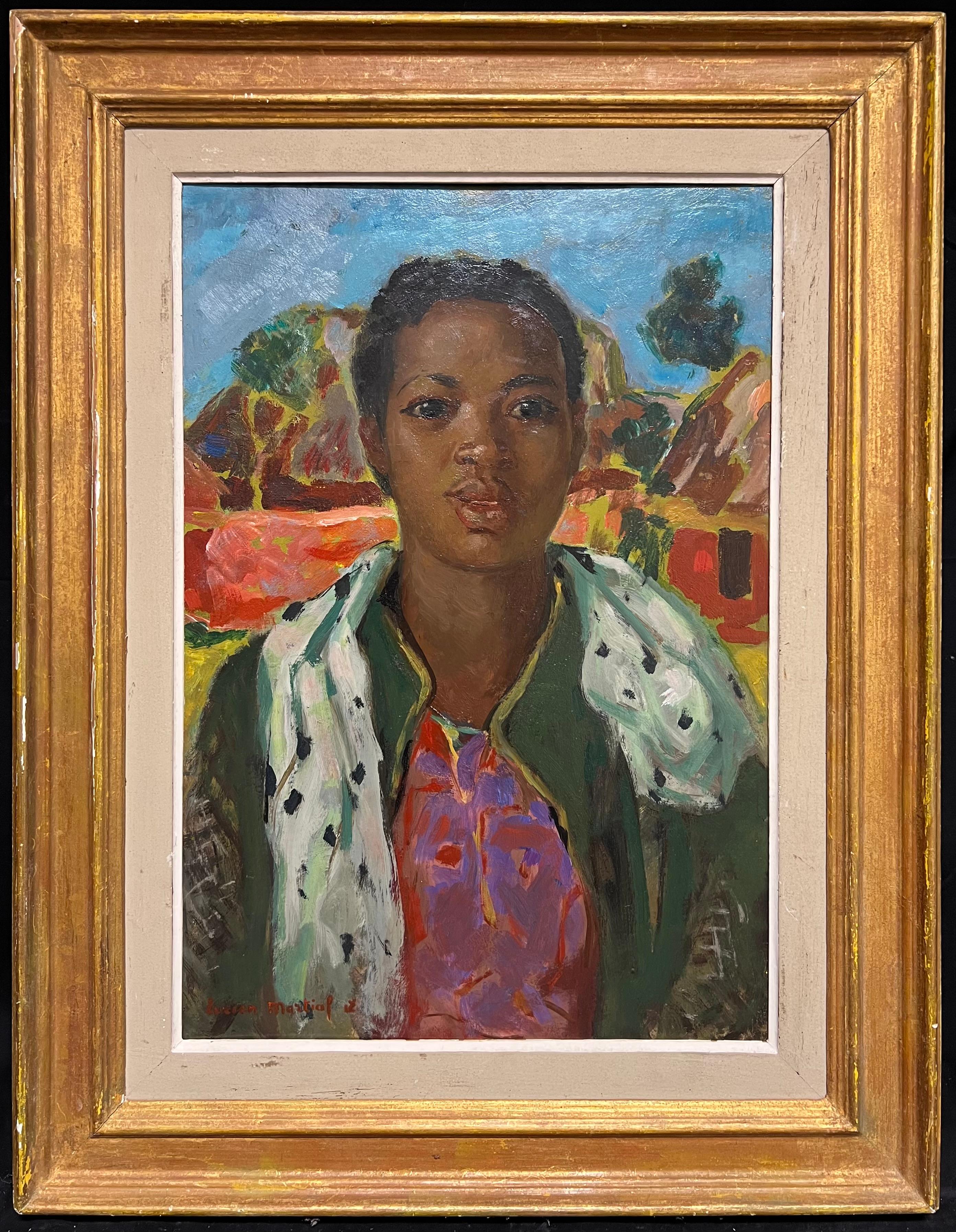 Figurative Painting di French School - Ritratto di donna a olio firmato della metà del XX secolo in Francia