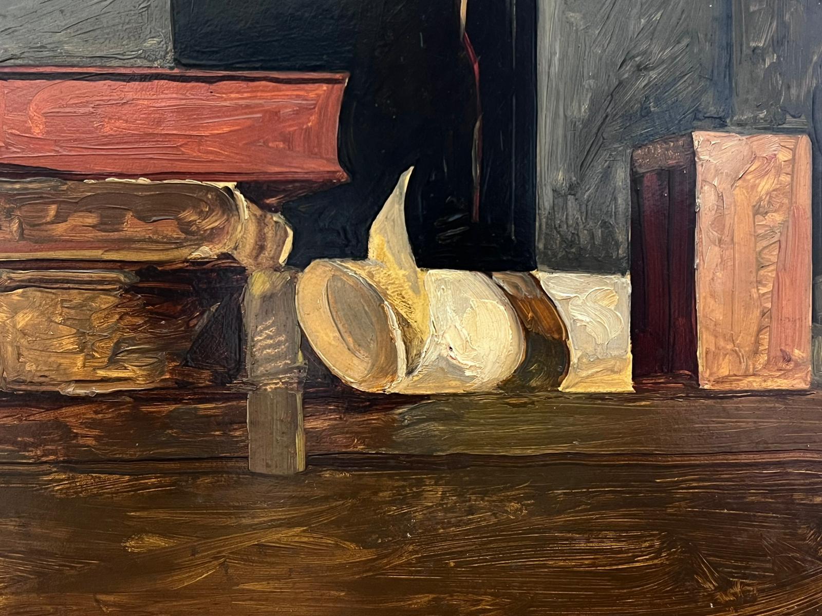 Französisches Stillleben aus der Mitte des 20. Jahrhunderts, Ölgemälde, Bücherregal – Painting von French School
