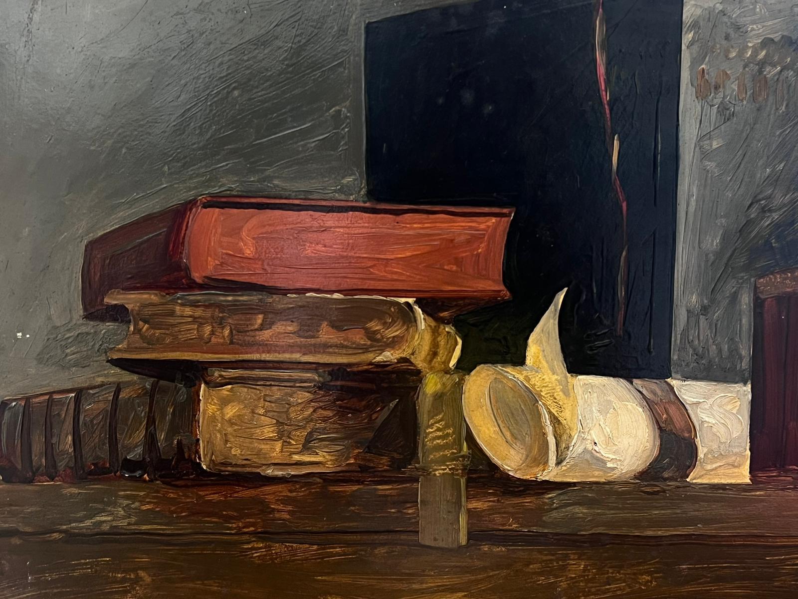 Mid 20th Century French Still Life Oil Painting Pile of Books For Sale 1