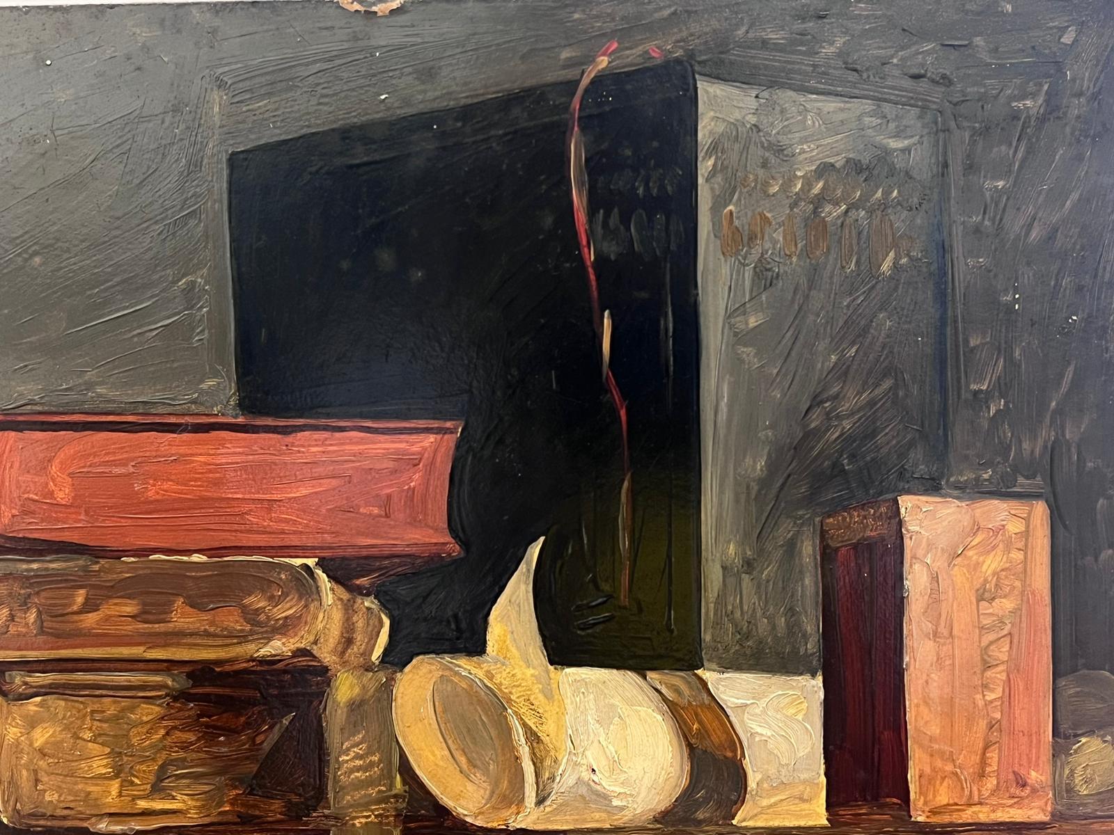 Mid 20th Century French Still Life Oil Painting Pile of Books For Sale 2