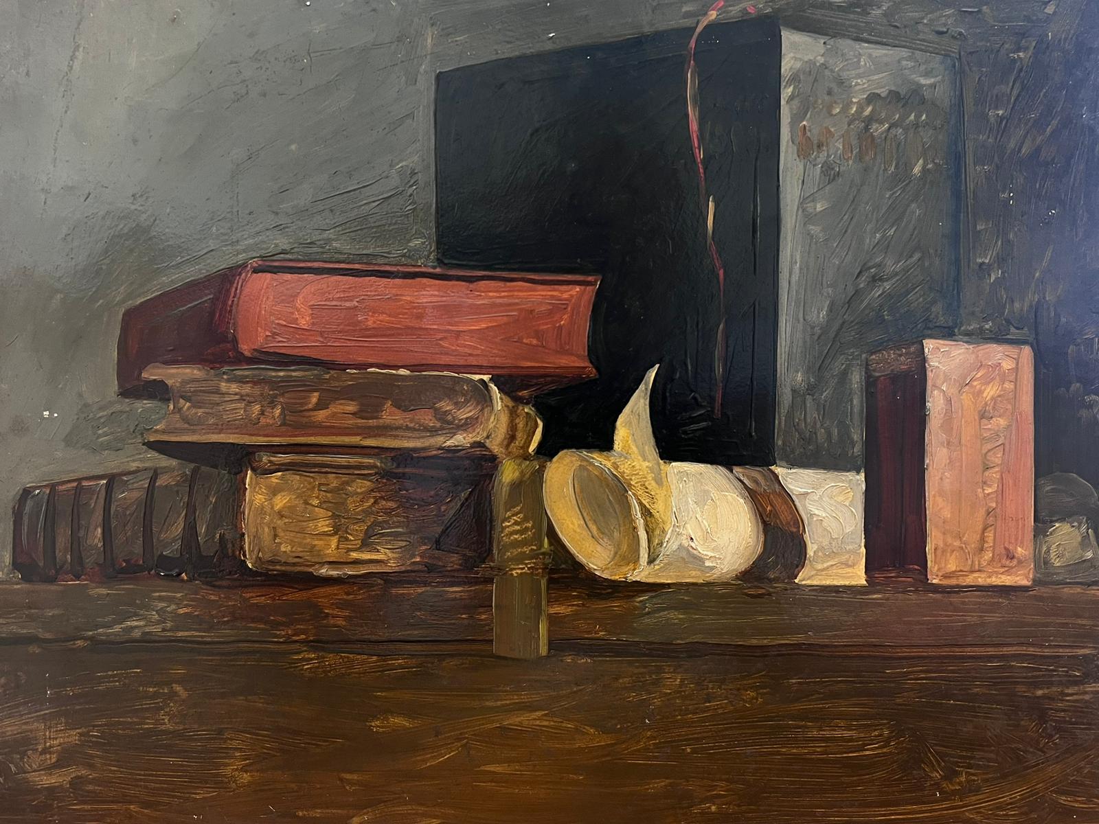 Mid 20th Century French Still Life Oil Painting Pile of Books For Sale 3