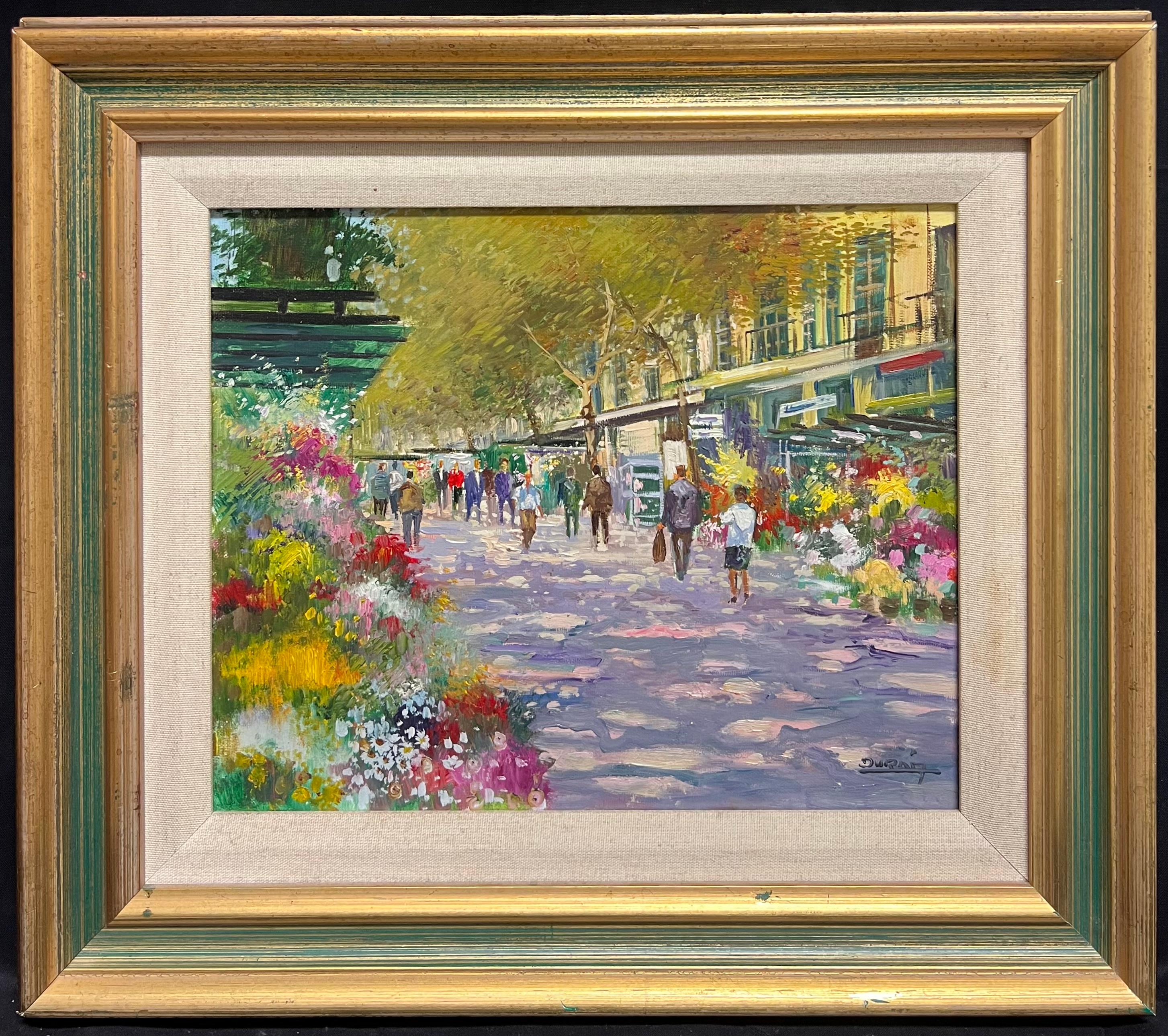 Mid-20th Century Purple Tracked Parisian Boulevard Scene with Flower Stalls - Painting by French School