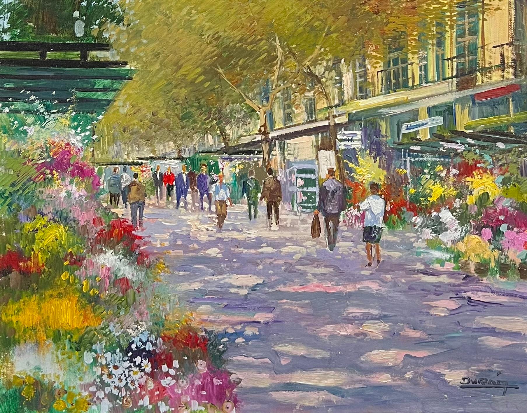 Mid-20th Century Purple Tracked Parisian Boulevard Scene with Flower Stalls - Impressionist Painting by French School