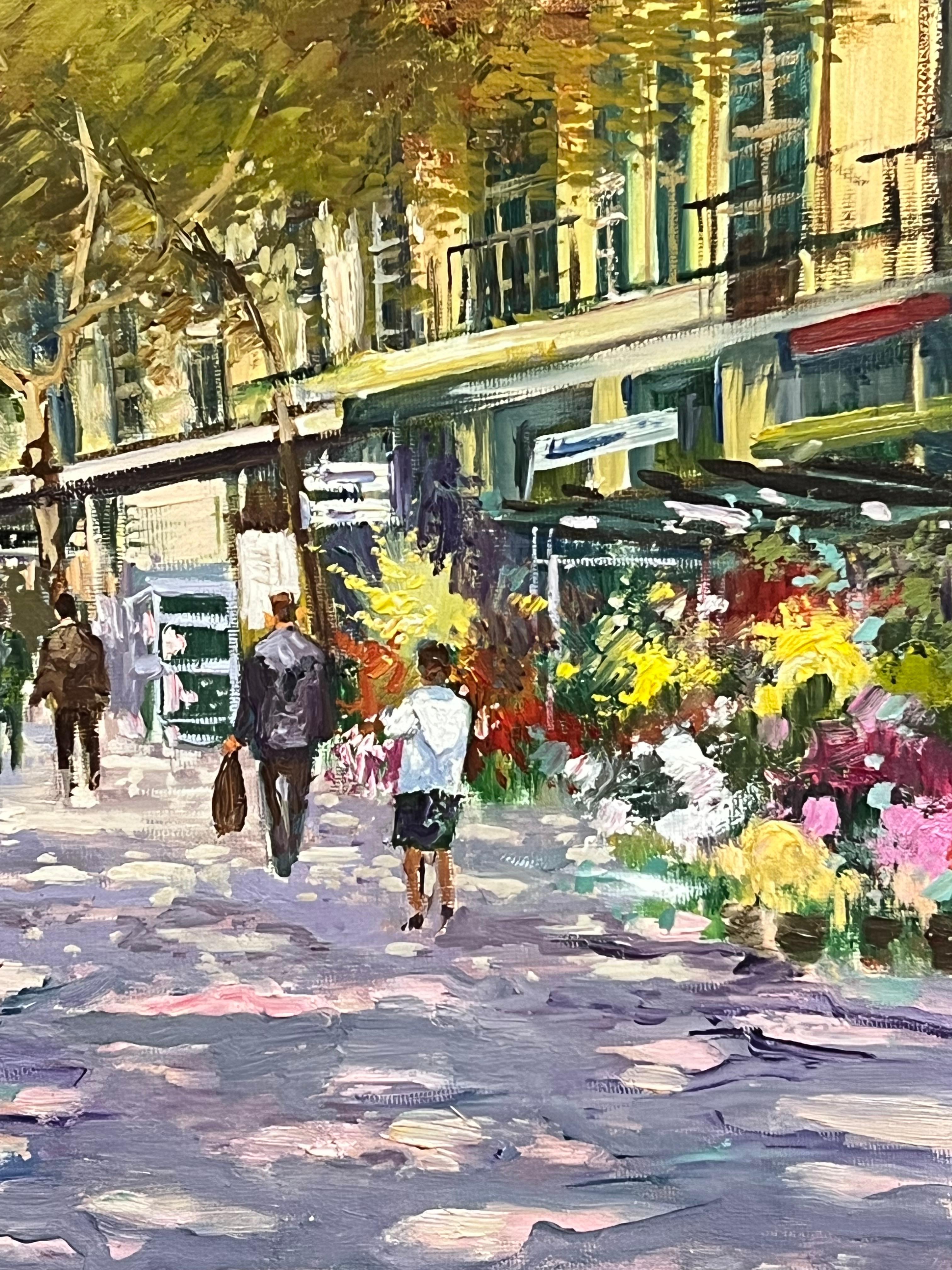 Mid-20th Century Purple Tracked Parisian Boulevard Scene with Flower Stalls - Brown Landscape Painting by French School