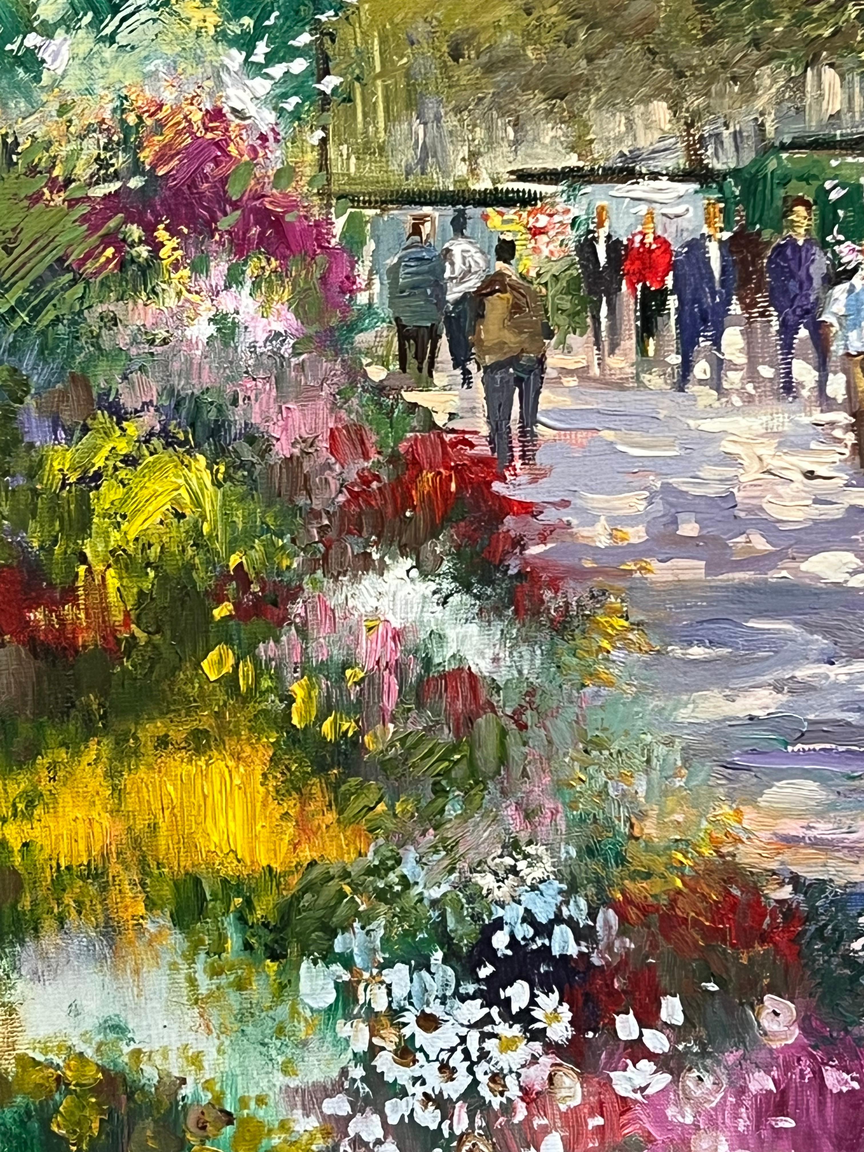Mid-20th Century Purple Tracked Parisian Boulevard Scene with Flower Stalls For Sale 2