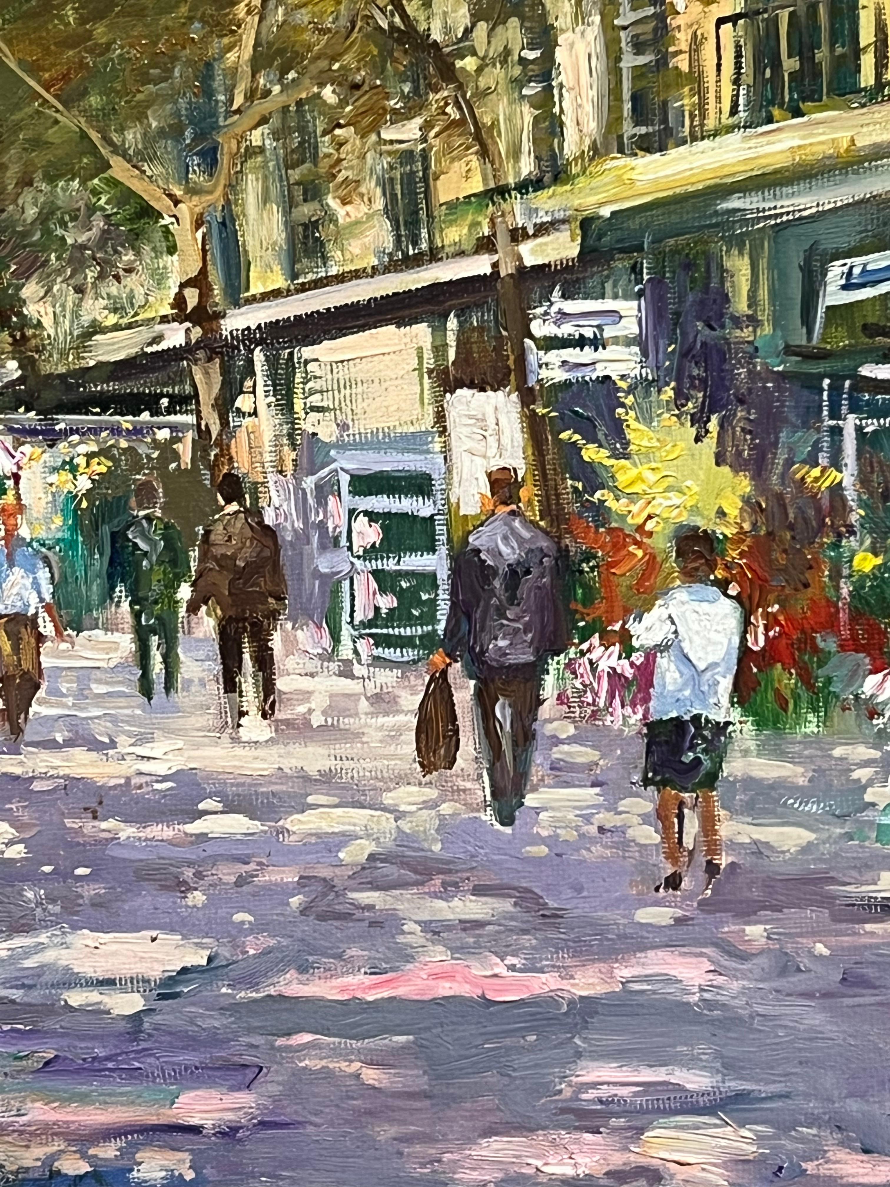Mid-20th Century Purple Tracked Parisian Boulevard Scene with Flower Stalls For Sale 3