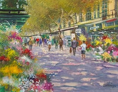 Lila bewegliche Pariser Boulevard-Szene mit Blumenständern aus der Mitte des 20. Jahrhunderts