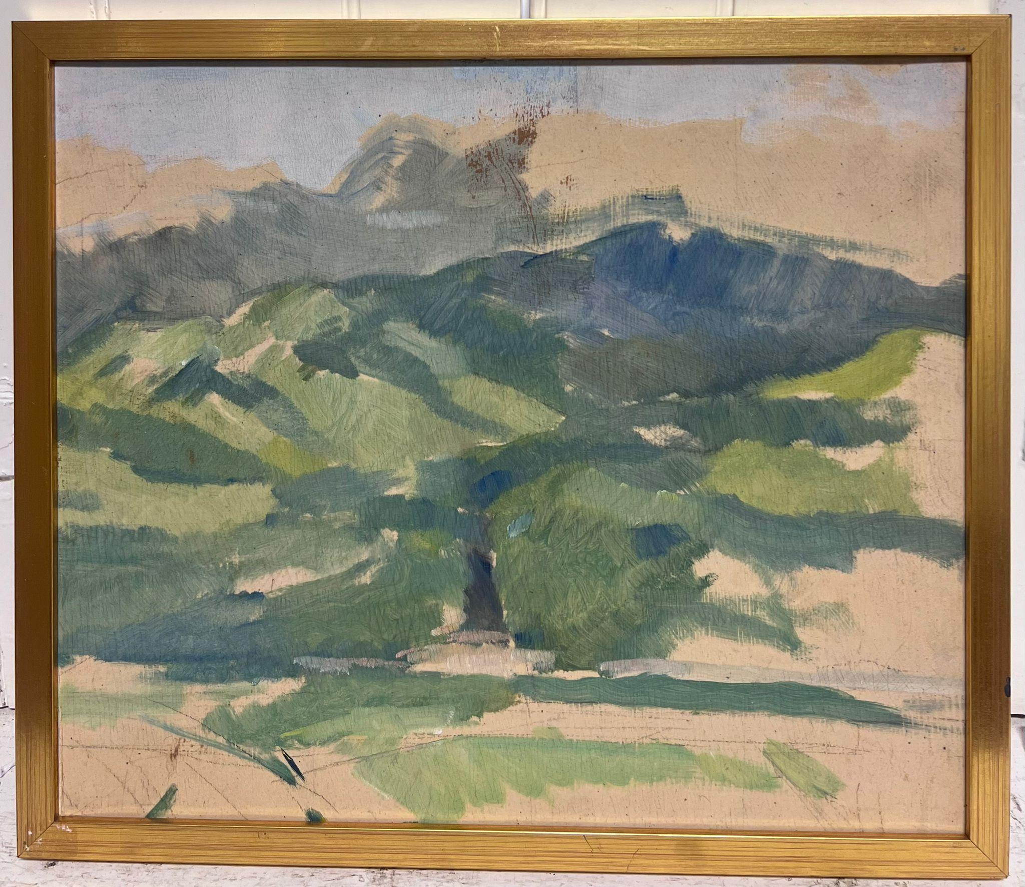 Mediados del siglo XX Esbozo de paisaje verde fangoso francés malhumorado al óleo - Painting de French School