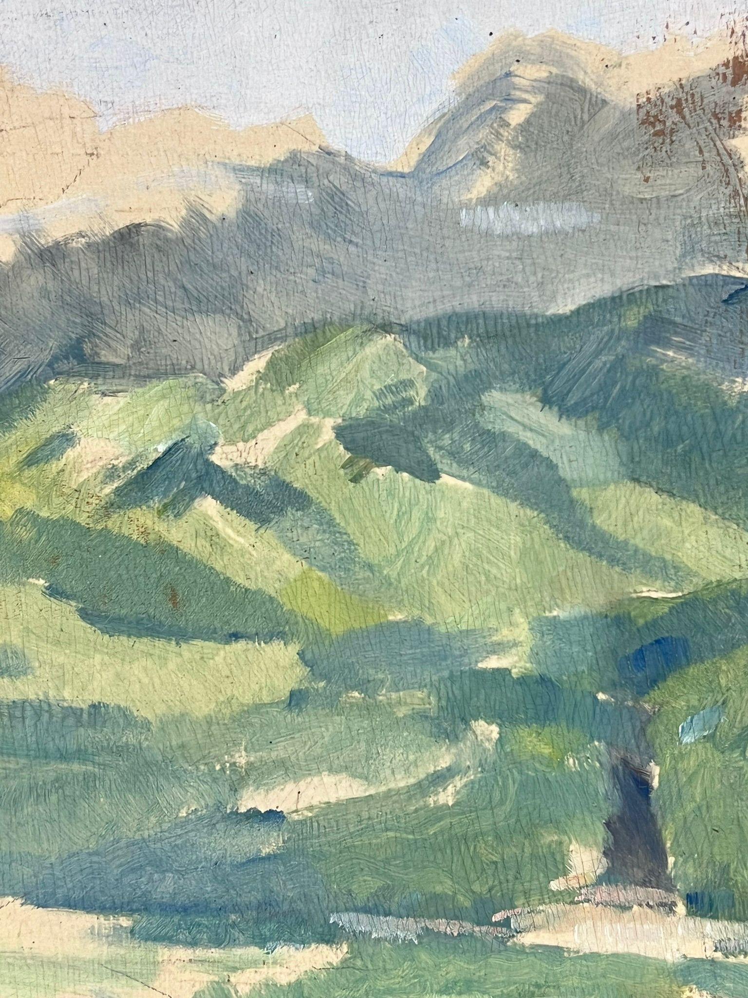 Mediados del siglo XX Esbozo de paisaje verde fangoso francés malhumorado al óleo - Painting Posimpresionista de French School