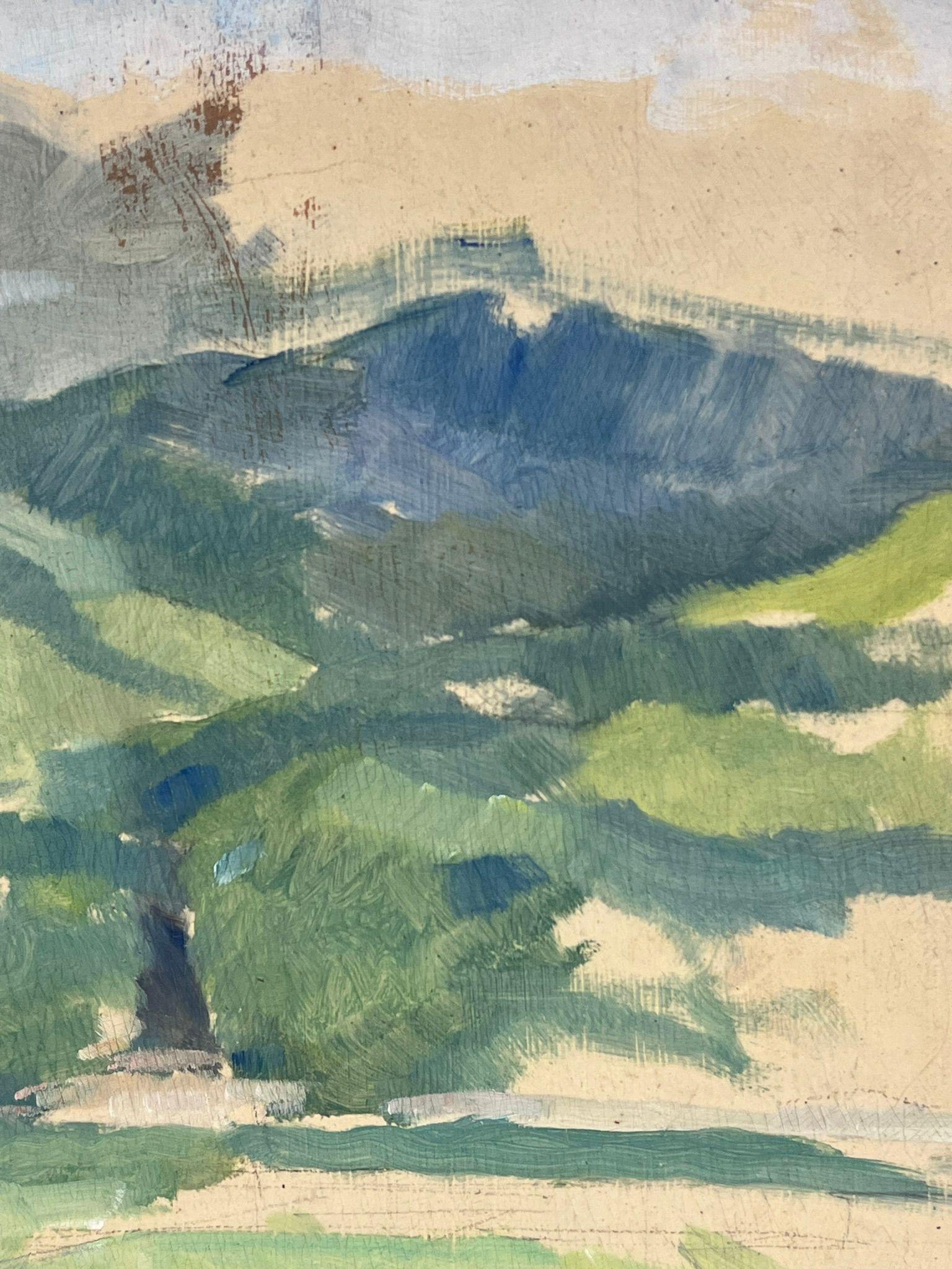 Mediados del siglo XX Esbozo de paisaje verde fangoso francés malhumorado al óleo - Landscape Painting Gris de French School