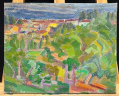 Paysage fauviste vibrant du milieu du 20e siècle représentant une scène de village richement texturée