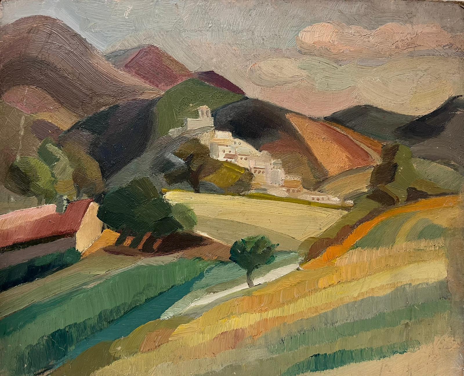 Peinture à l'huile cubiste française du milieu du siècle, paysage vert atmosphérique, ville sur colline