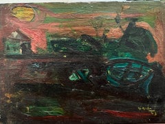 Huile de l'expressionniste français du milieu du siècle dernier signée Sun over Landscape with Cottage