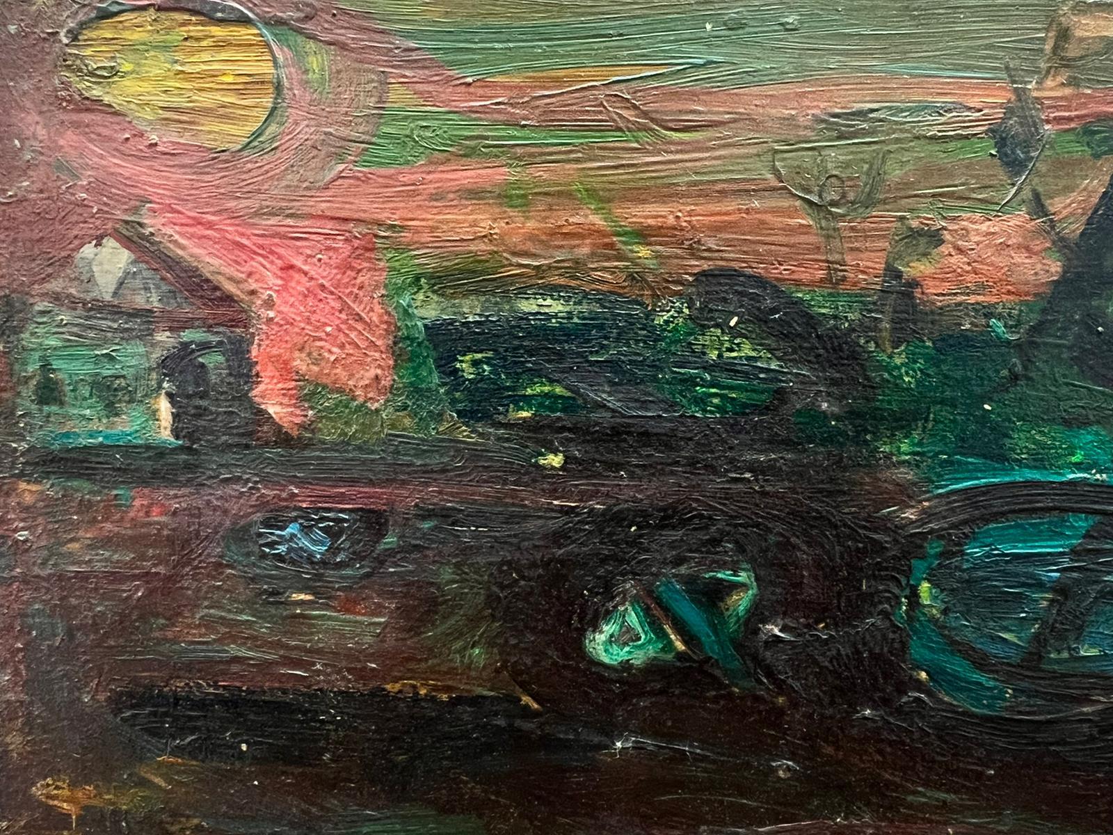 French School Abstract Painting - Mid Century French Expressionist Signed Oil Sun over Landscape with Cottage 