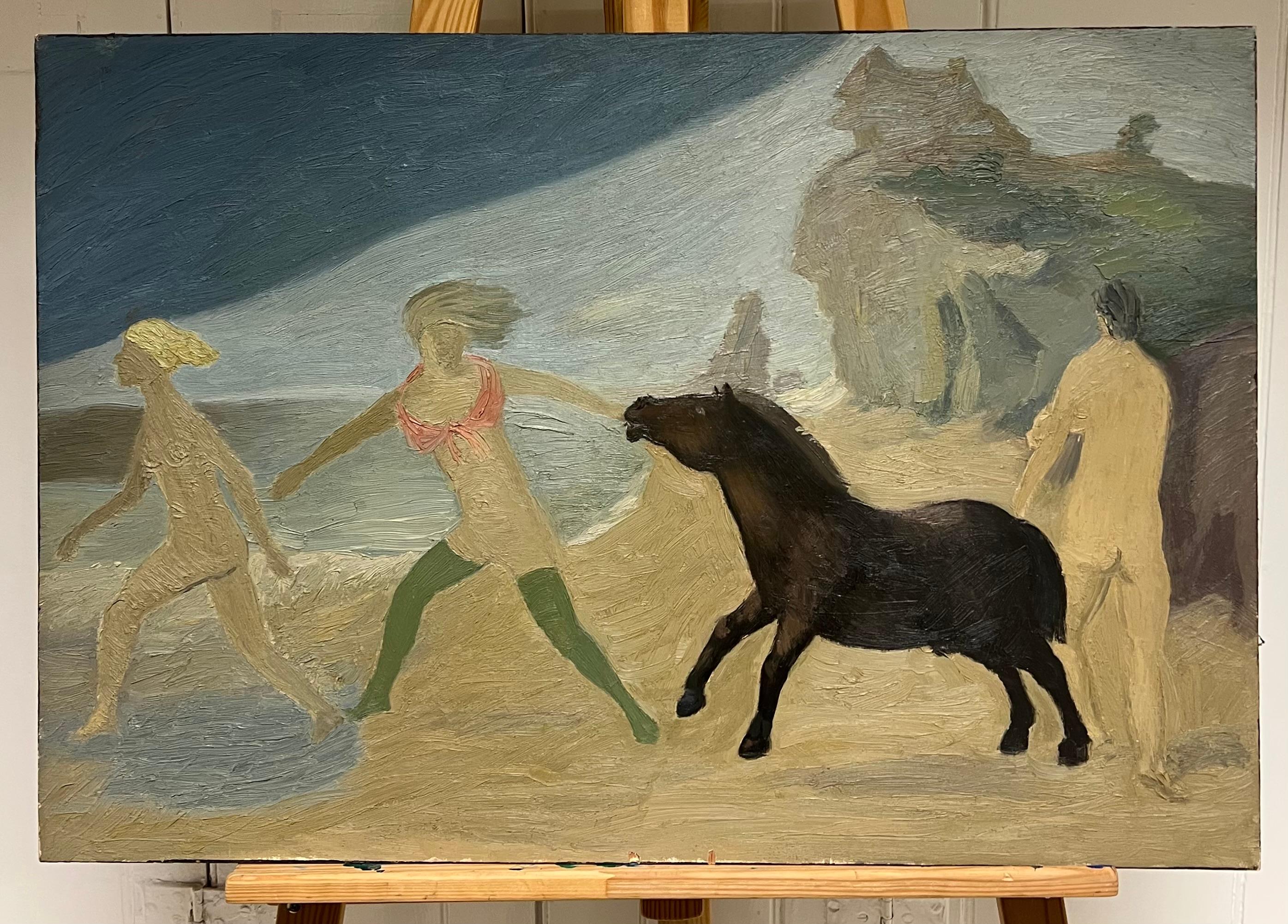 Mid Century French Modernist Oil Painting Figures on Beach with Horse - Brown Animal Painting by French School