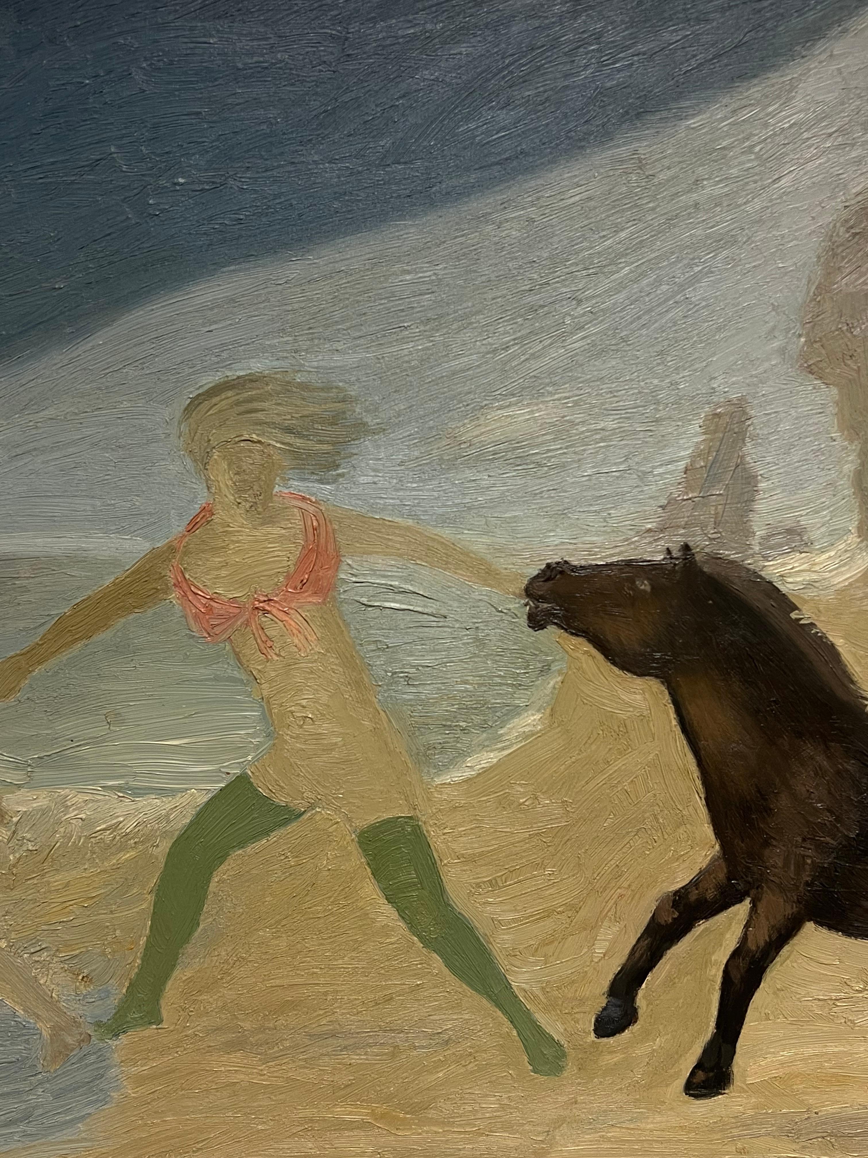 Mid Century French Modernist Oil Painting Figures on Beach with Horse 1