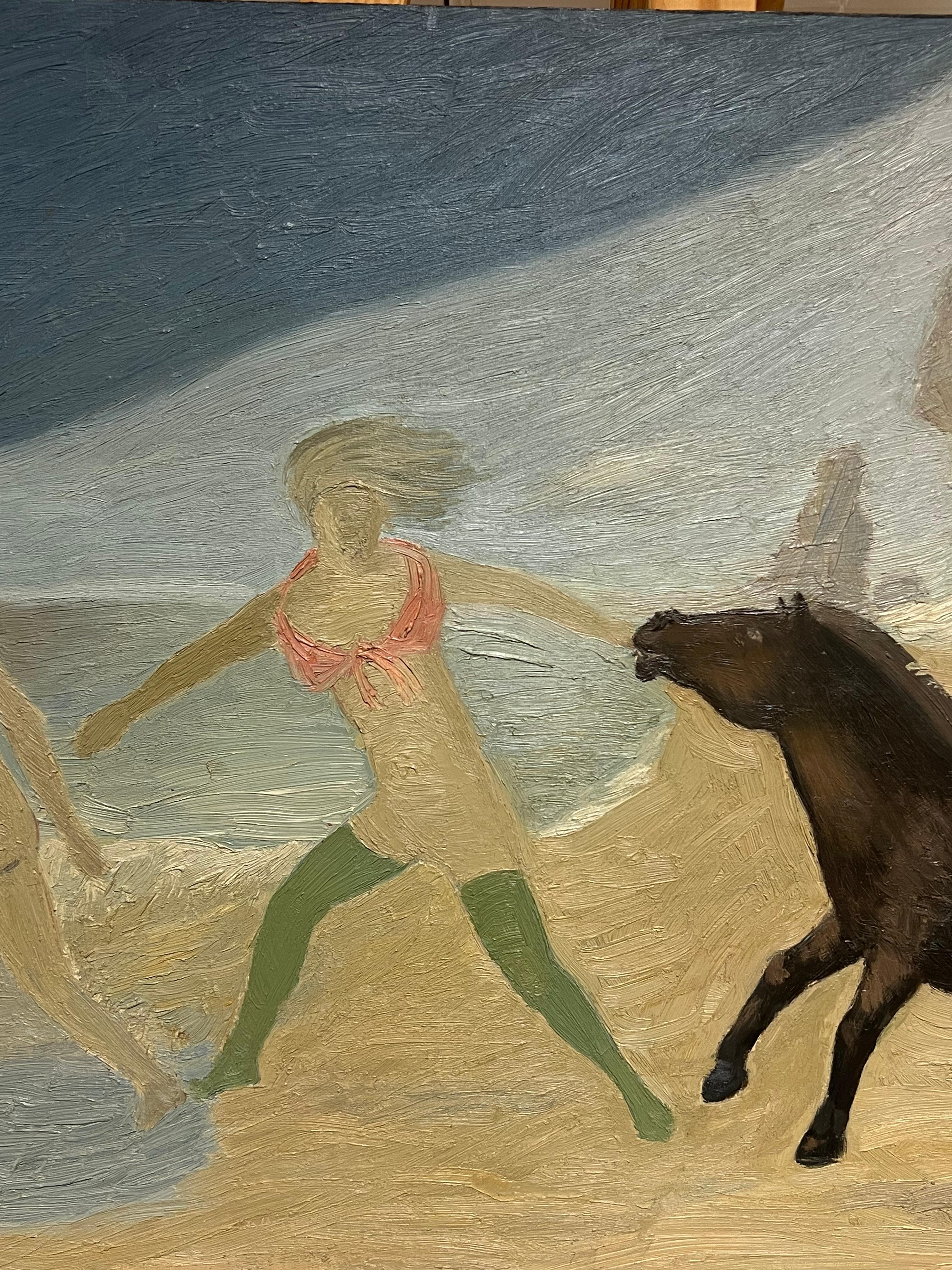 Mid Century French Modernist Oil Painting Figures on Beach with Horse 2