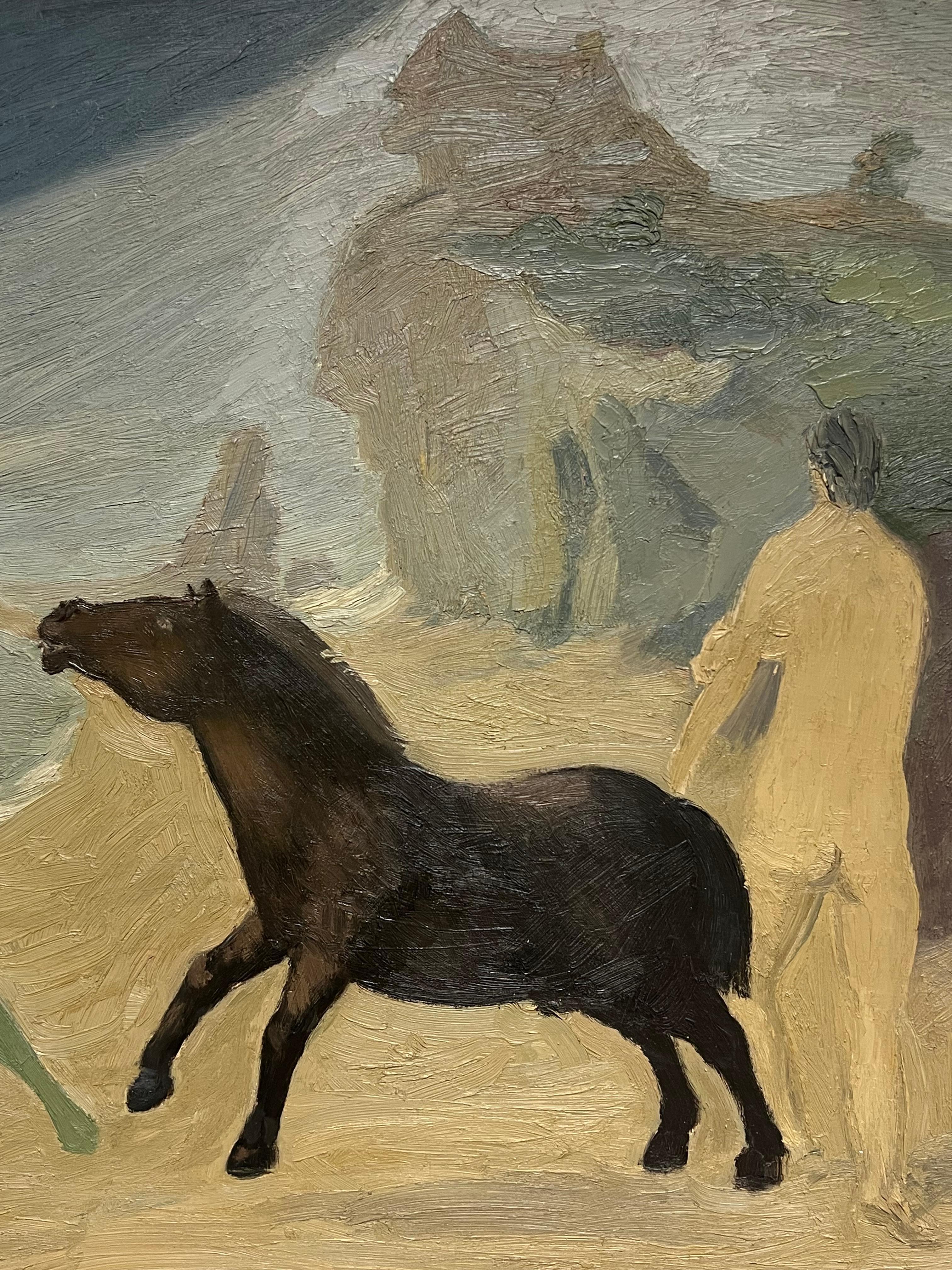 Mid Century French Modernist Oil Painting Figures on Beach with Horse 3