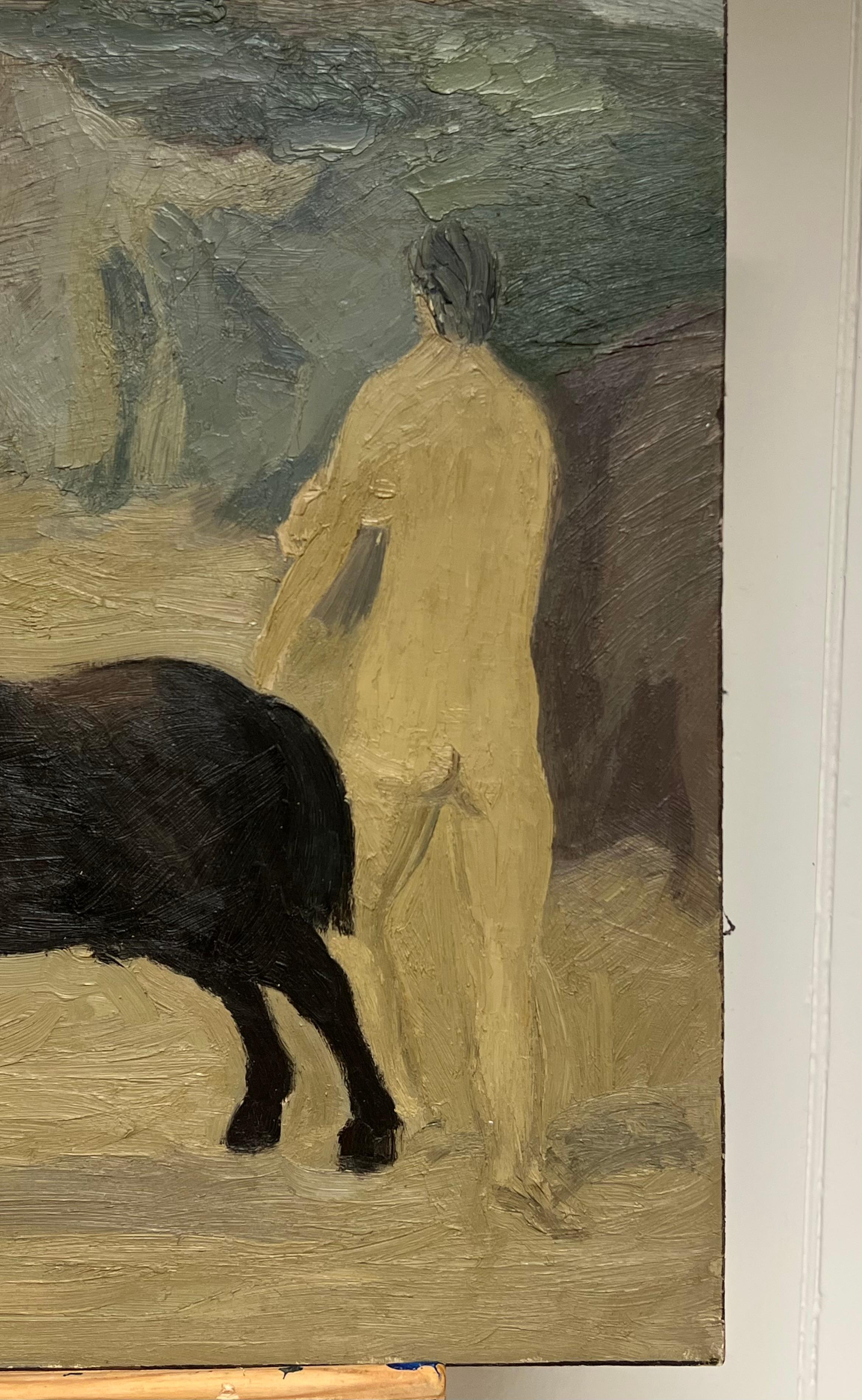 Mid Century French Modernist Oil Painting Figures on Beach with Horse 5