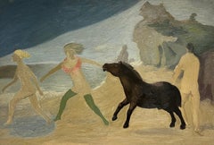Mid Century French Modernist Oil Painting Figures on Beach with Horse